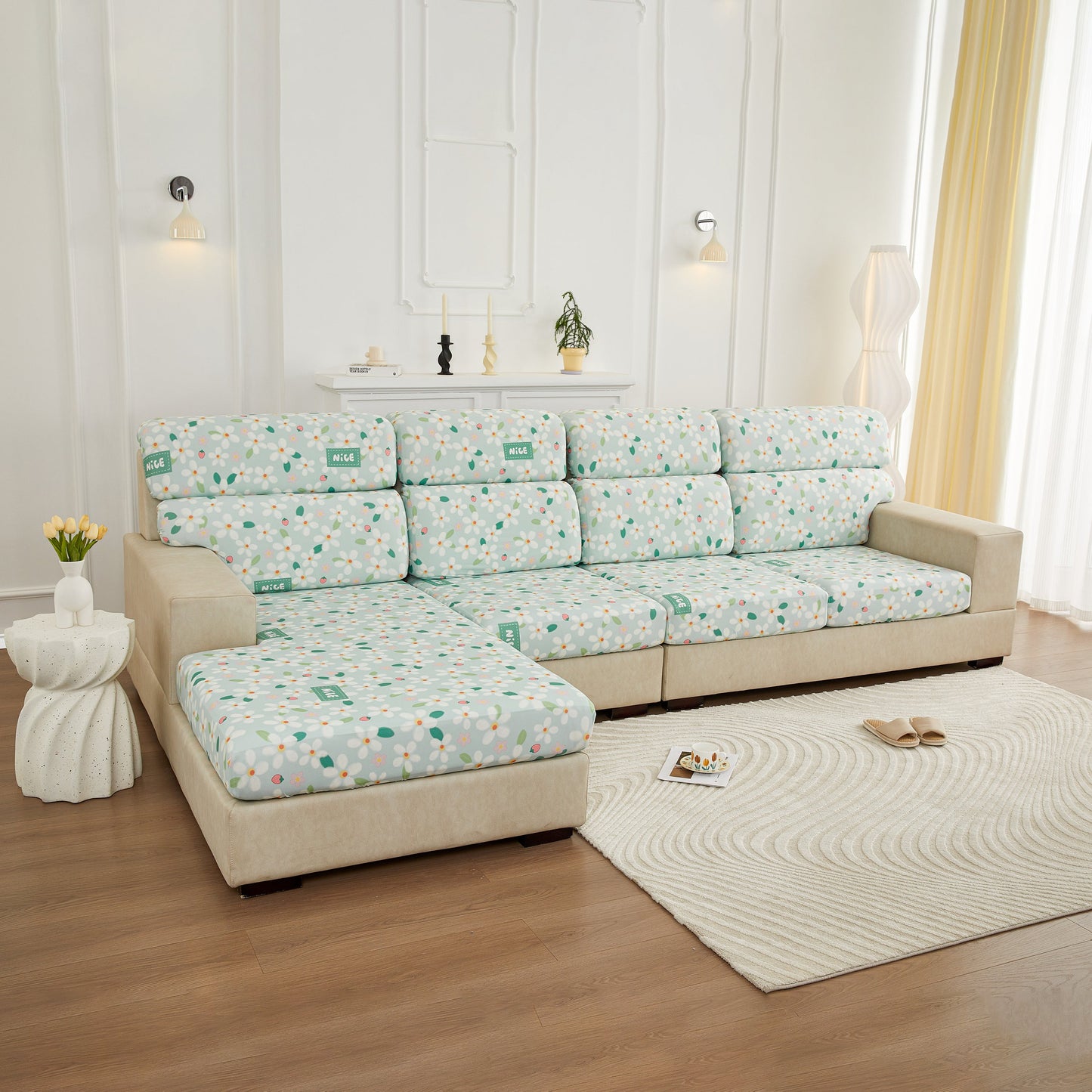 Stretch Individual Cushion Slipcovers, Furniture Protector with Elastic Bottom, Couch Cover Replacement on modern sofa