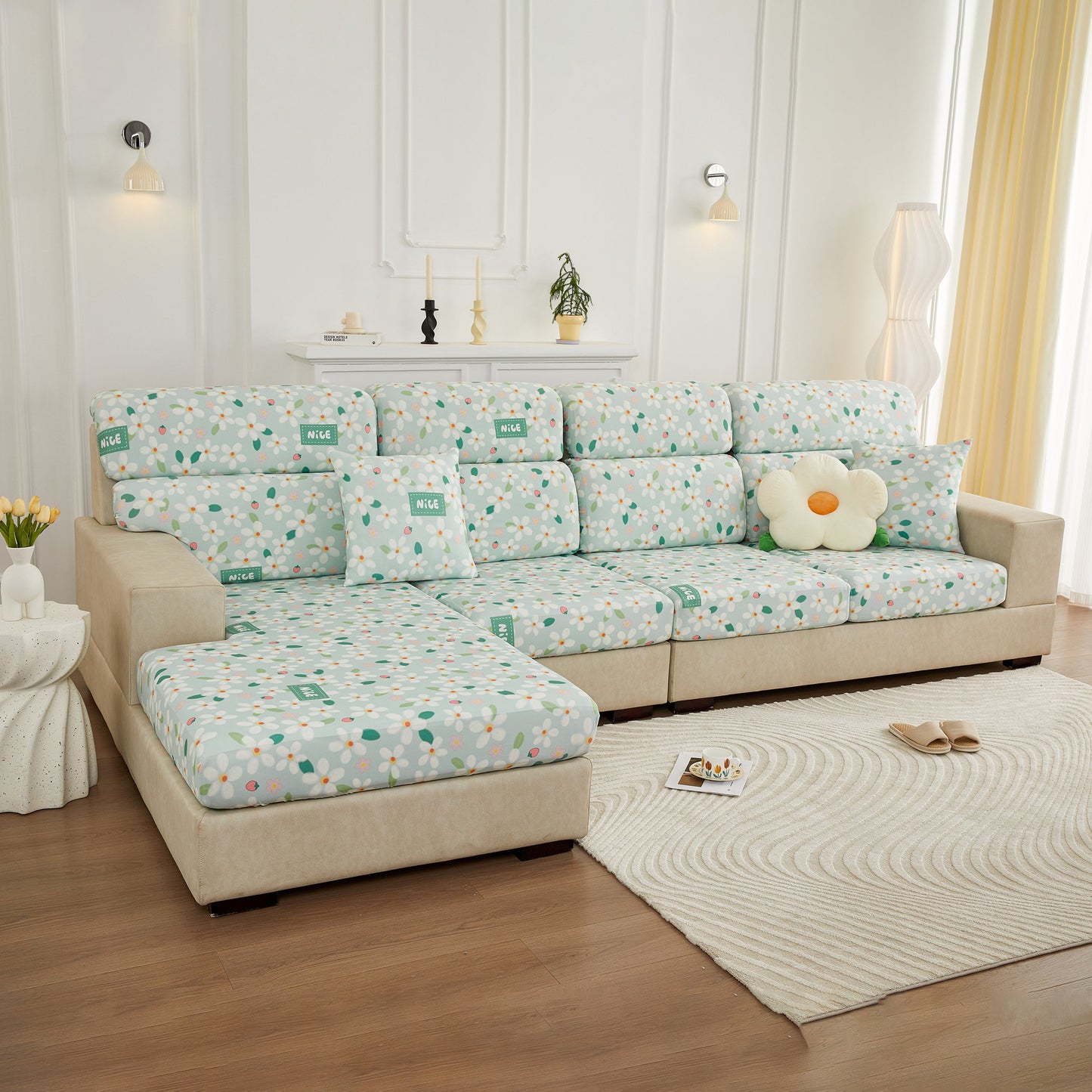 Stretch Individual Cushion Slipcovers, Furniture Protector with Elastic Bottom, Couch Cover Replacement on modern sofa