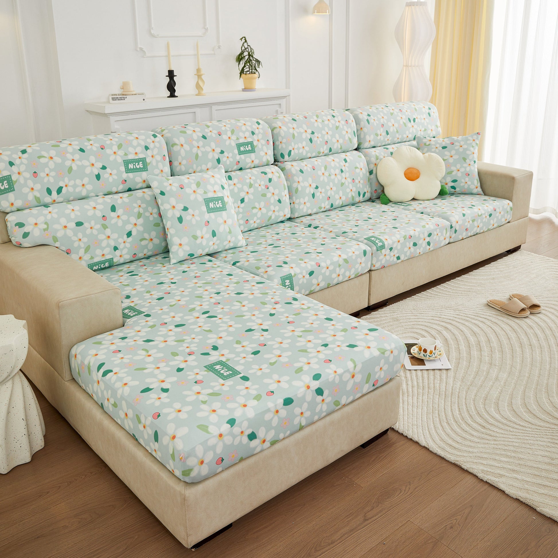 Stretch Individual Cushion Slipcovers, Furniture Protector with Elastic Bottom, Couch Cover Replacement on patterned sofa.