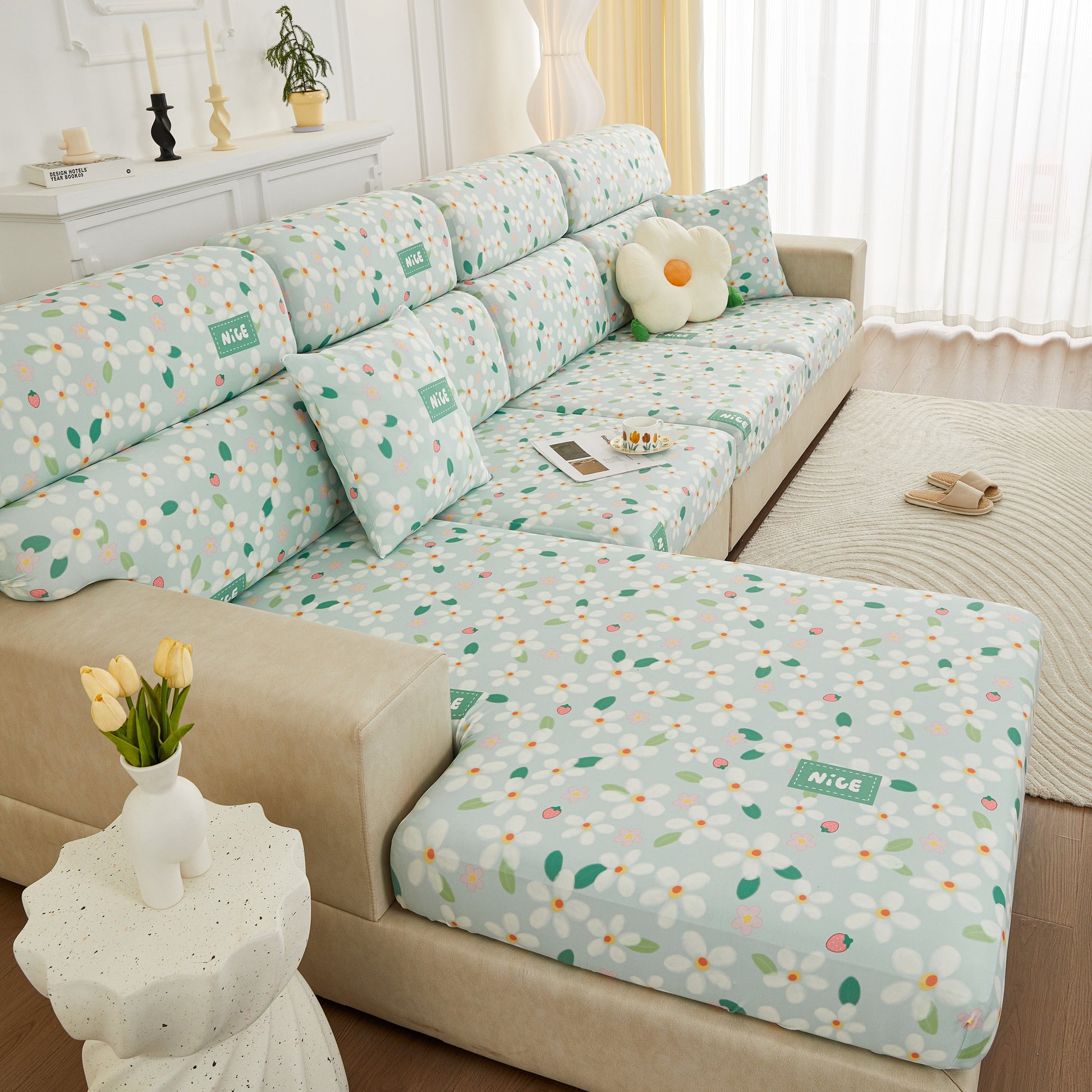 Floral sofa with Stretch Individual Cushion Slipcovers, Furniture Protector with Elastic Bottom, Couch Cover Replacement in living room