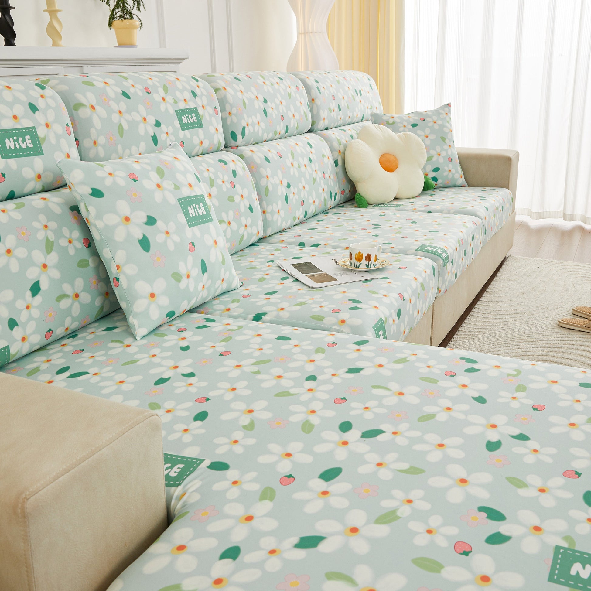 Stretch Individual Cushion Slipcovers, Furniture Protector with Elastic Bottom, Couch Cover Replacement on a floral pattern sofa.