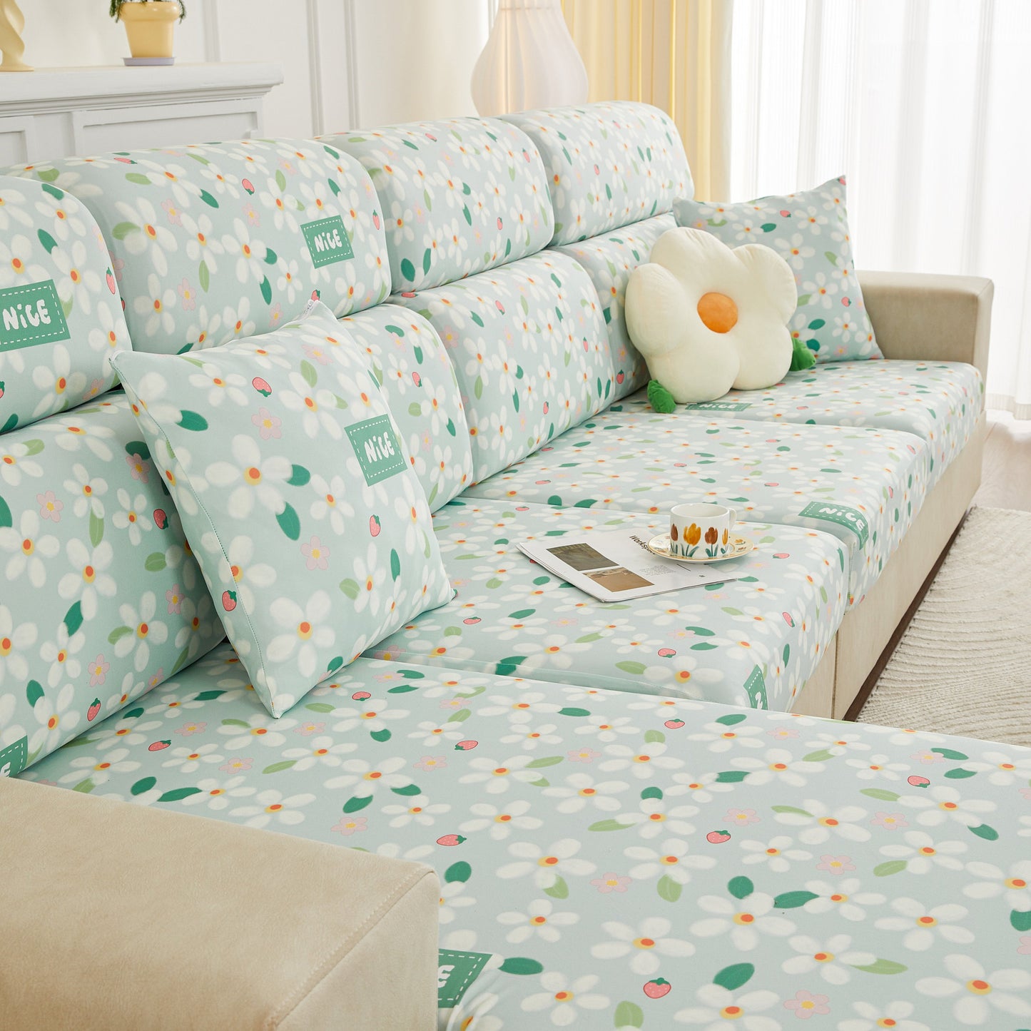 Stretch Individual Cushion Slipcovers, Furniture Protector with Elastic Bottom, Couch Cover Replacement in floral design on sofa