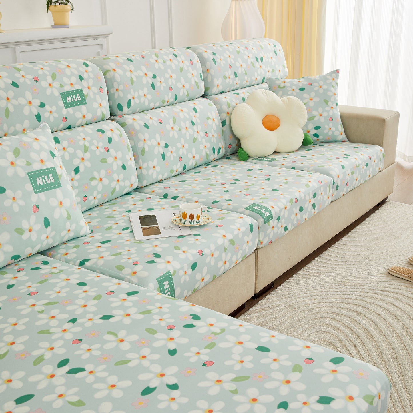 Stretch Individual Cushion Slipcovers, Furniture Protector with Elastic Bottom, Couch Cover Replacement on floral sofa