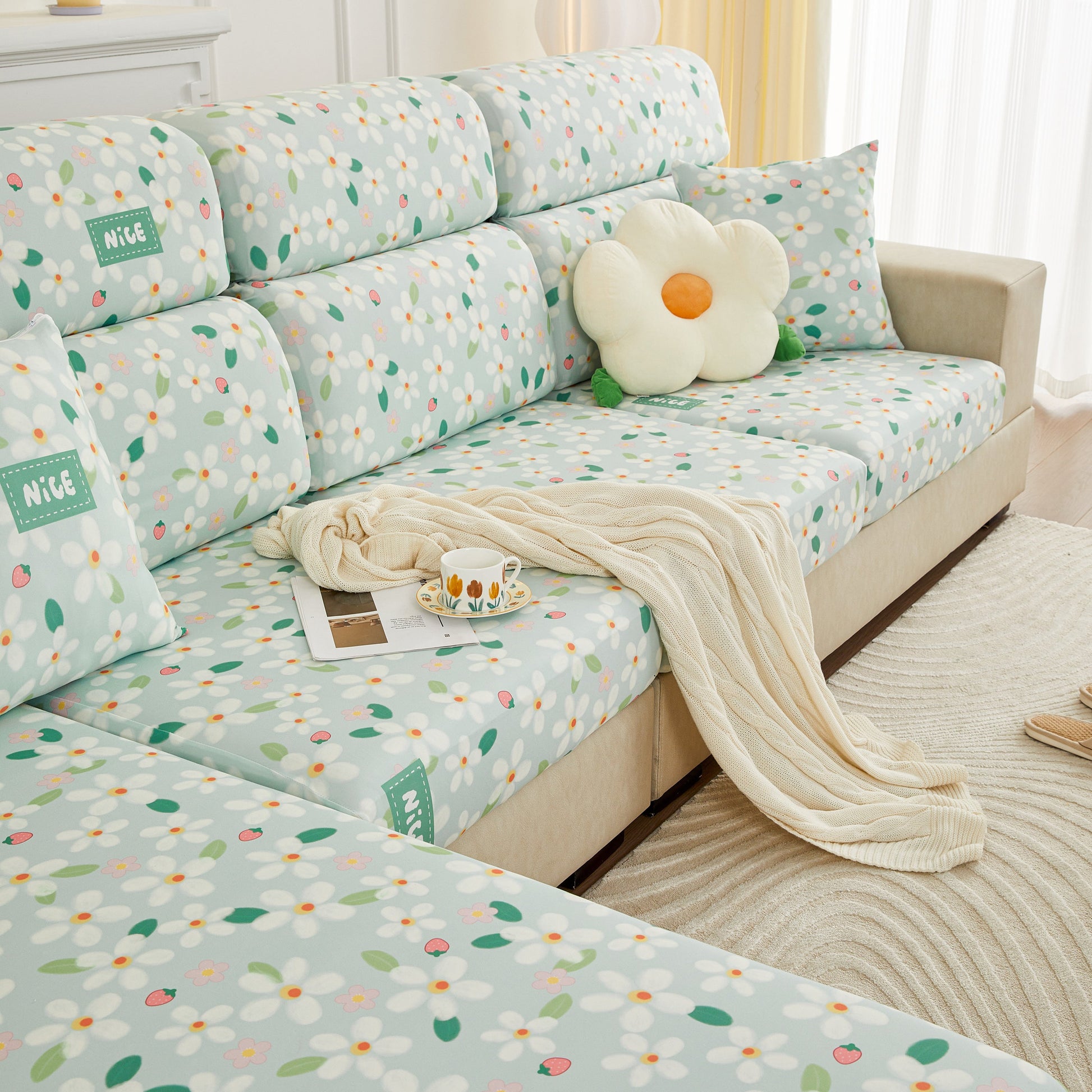 Stretch Individual Cushion Slipcovers, Furniture Protector with Elastic Bottom, Couch Cover Replacement on floral-patterned sofa.