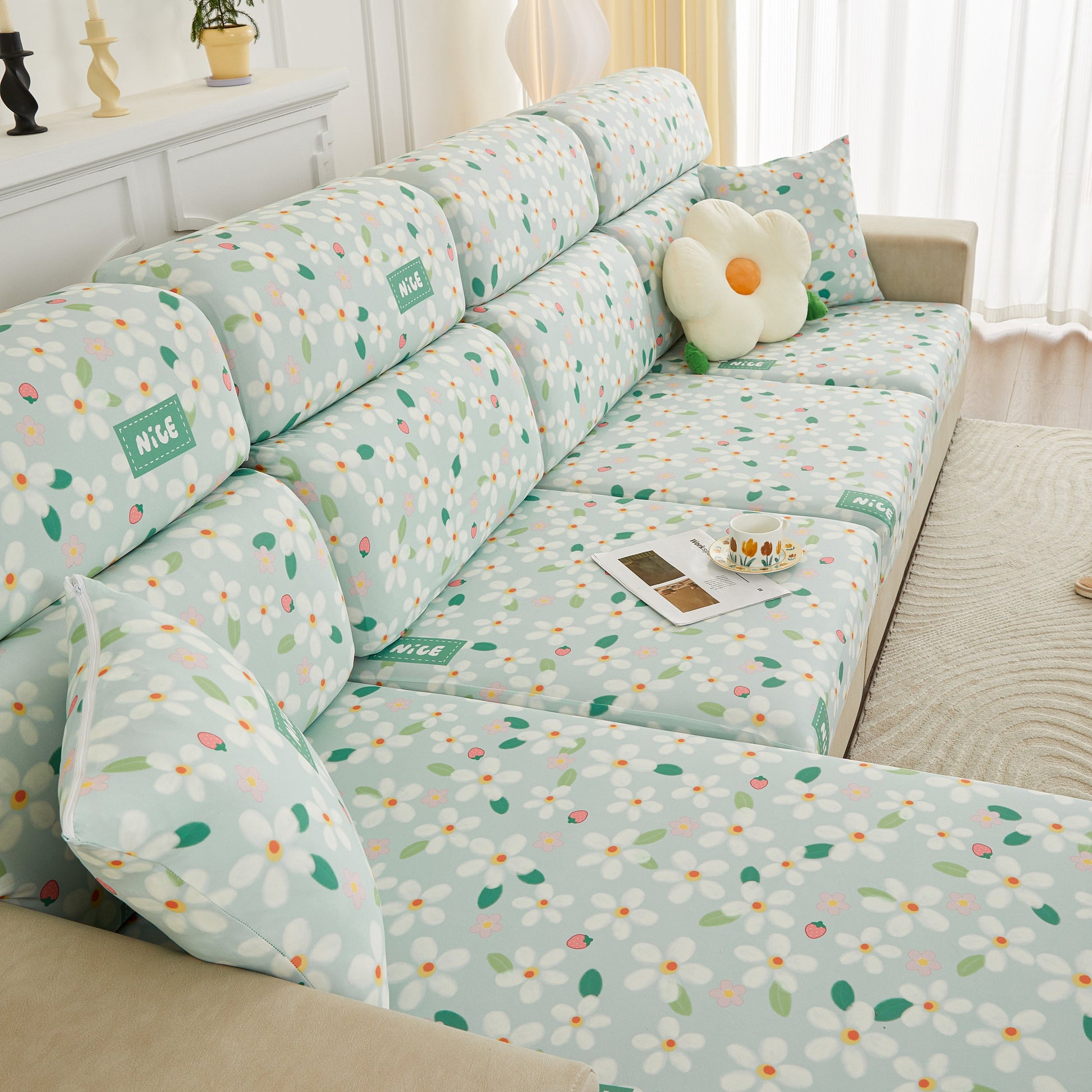 Light blue floral sofa with Stretch Individual Cushion Slipcovers, Furniture Protector with Elastic Bottom, Couch Cover Replacement.