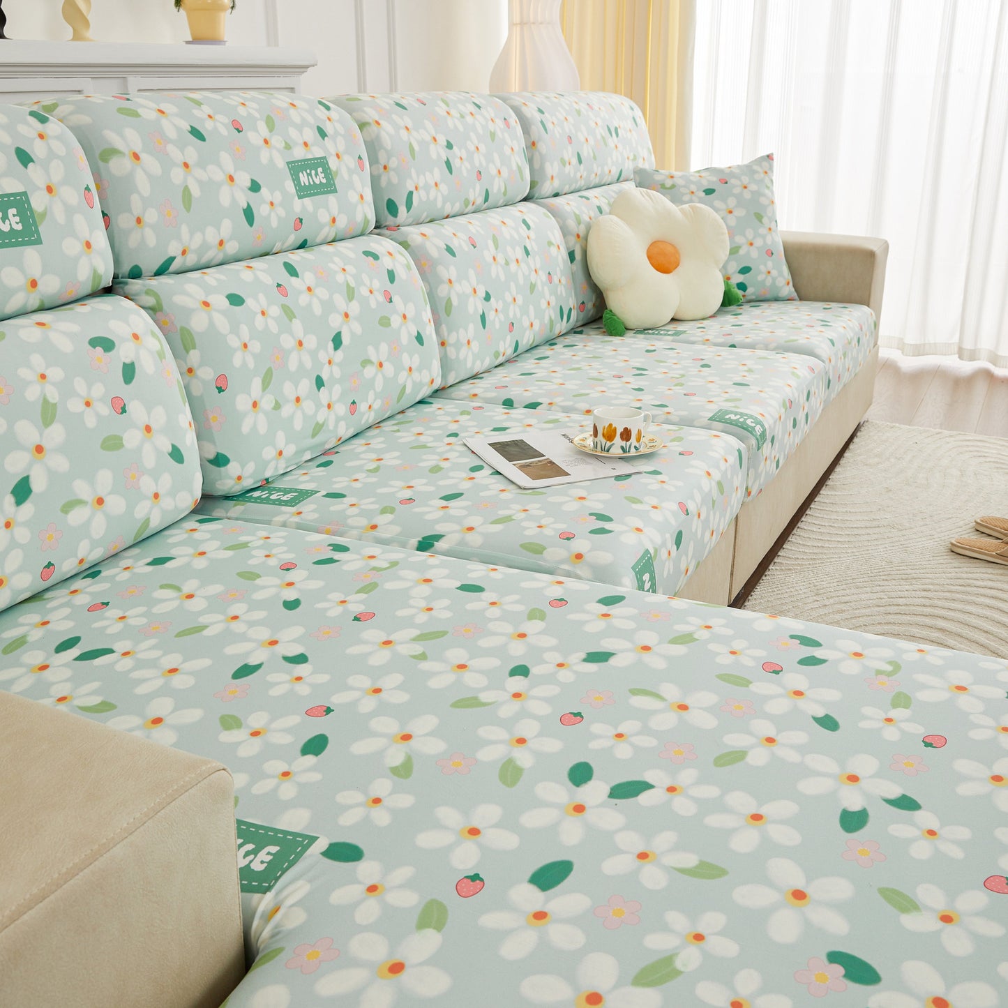 Stretch Individual Cushion Slipcovers, Furniture Protector with Elastic Bottom, Couch Cover Replacement on floral sofa