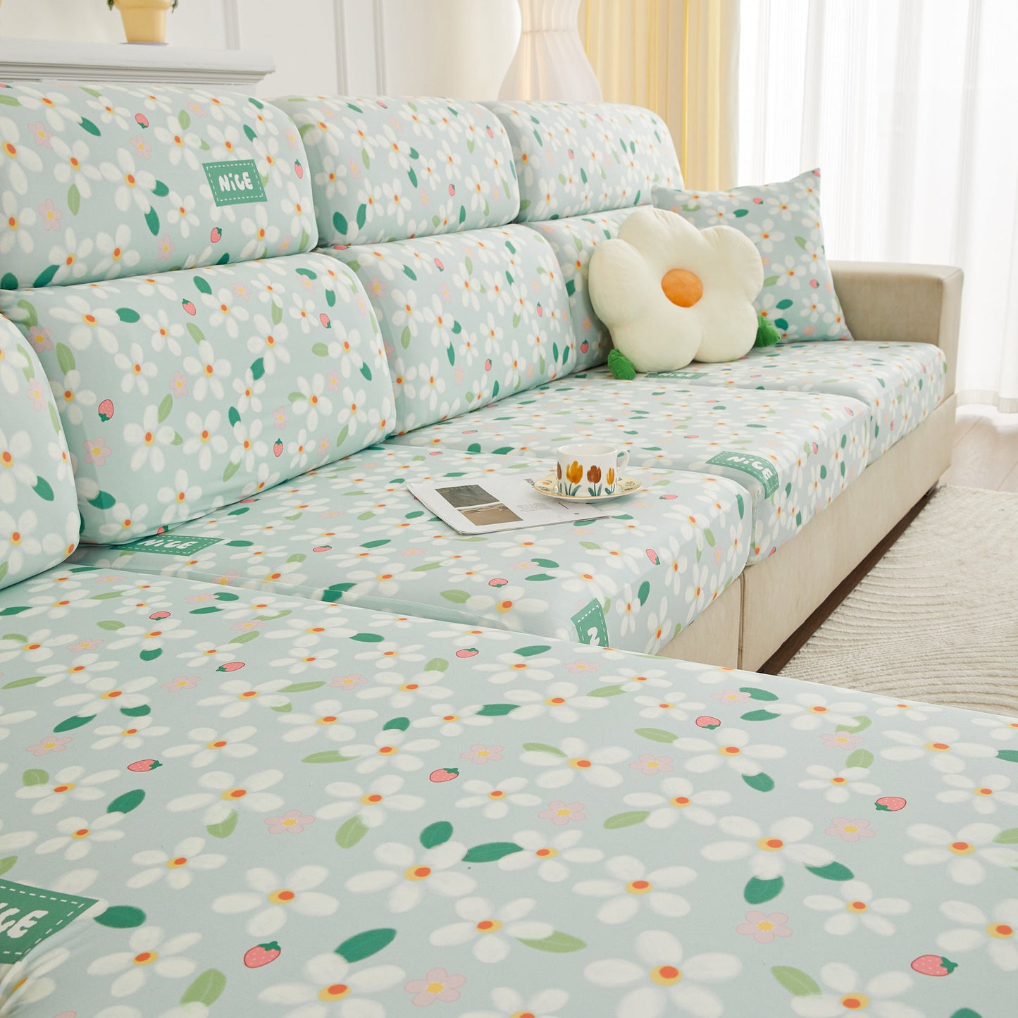 Stylish Stretch Individual Cushion Slipcovers, Furniture Protector with Elastic Bottom on floral couch