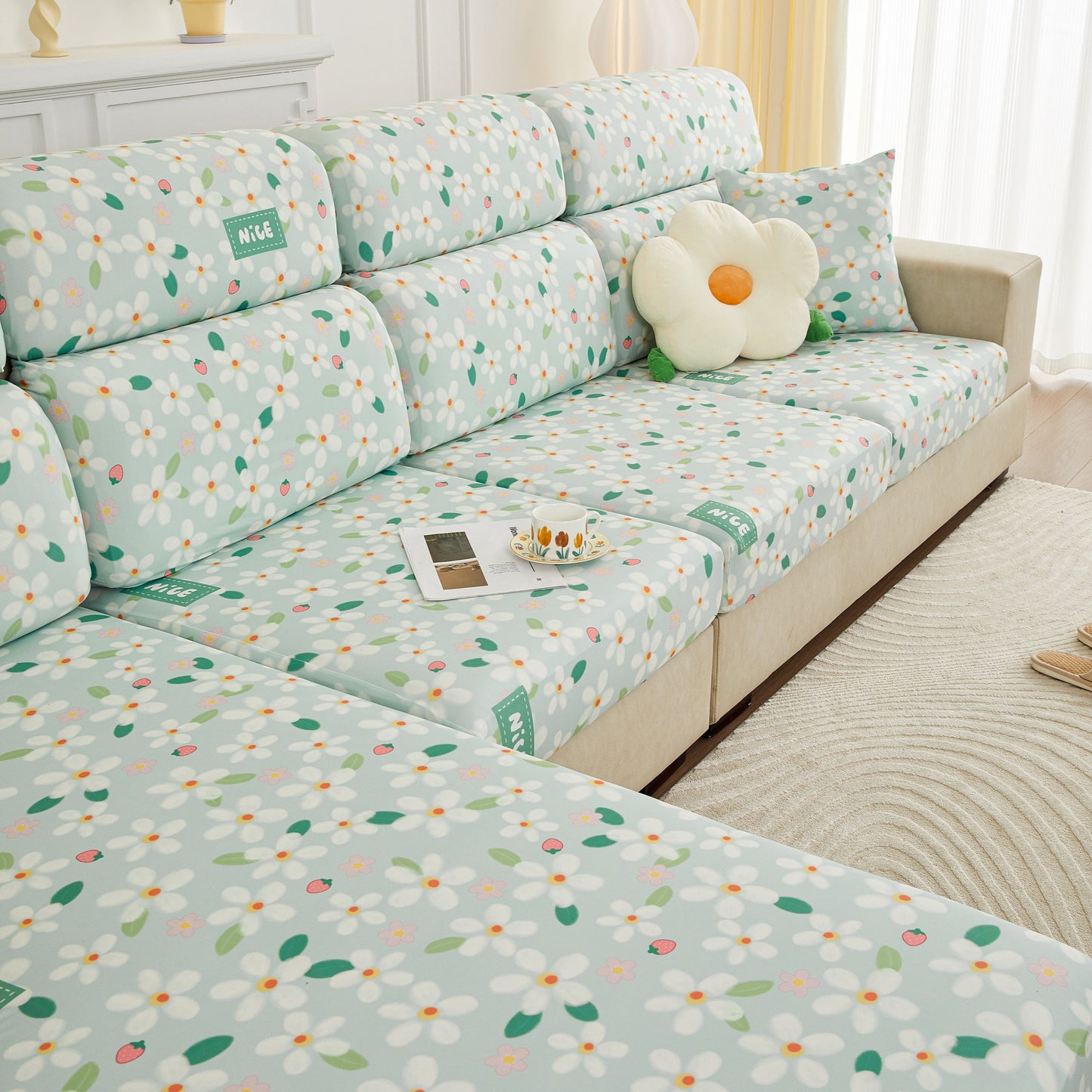 Floral sofa with stretch individual cushion slipcovers, furniture protector with elastic bottom, couch cover replacement.