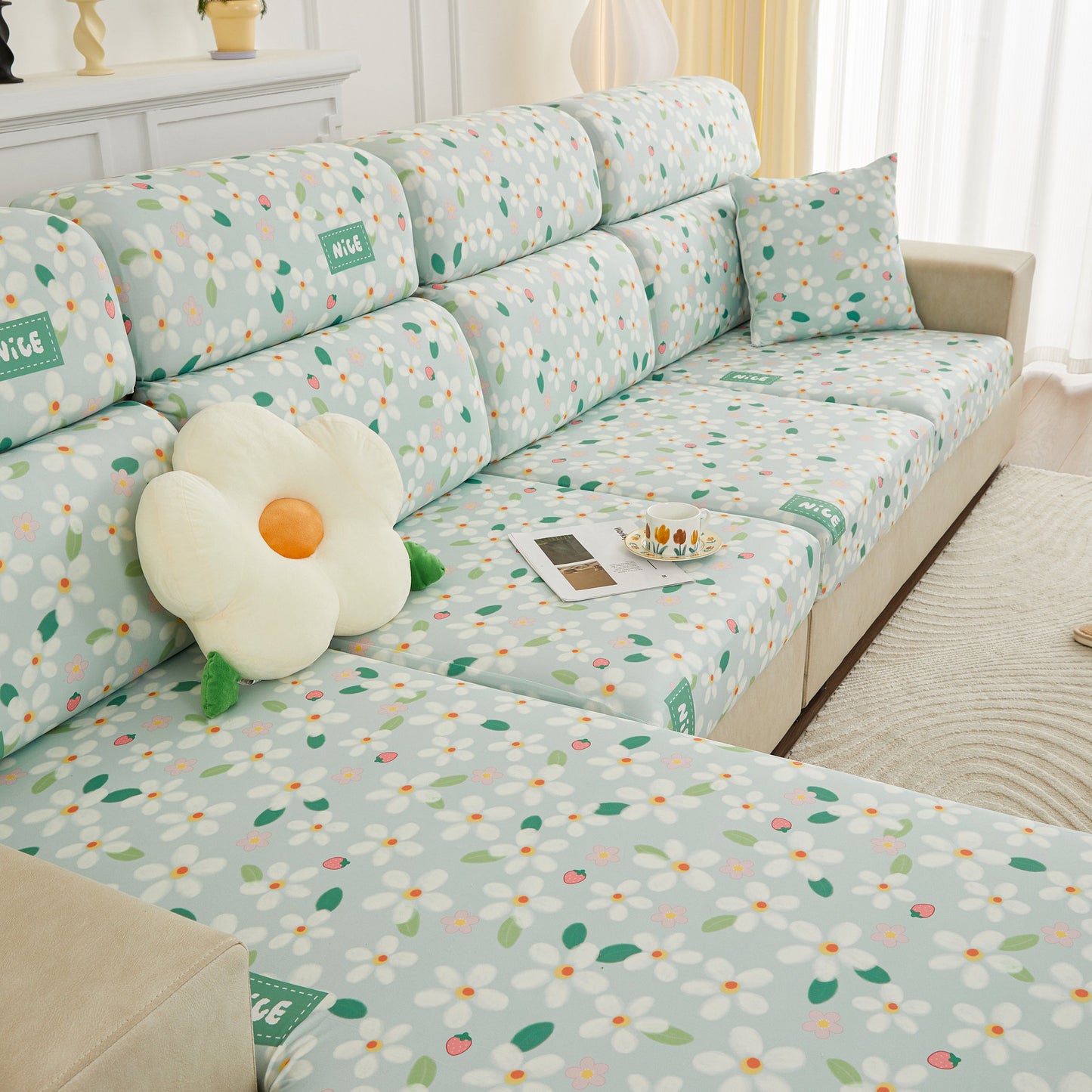 Stretch Individual Cushion Slipcovers, Furniture Protector with Elastic Bottom, Couch Cover Replacement in floral pattern on sofa