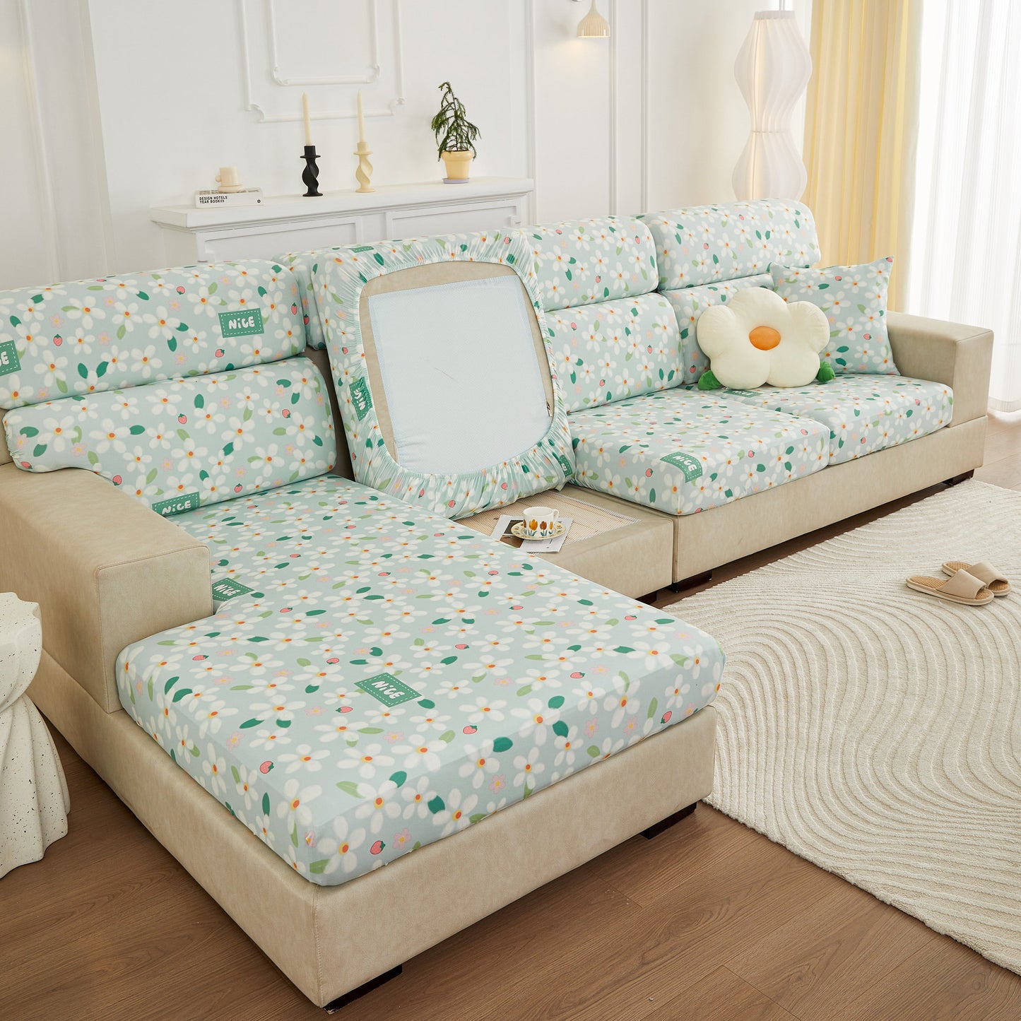 Stretch Individual Cushion Slipcovers, Furniture Protector with Elastic Bottom on patterned couch, featuring spandex and polyester fabric.
