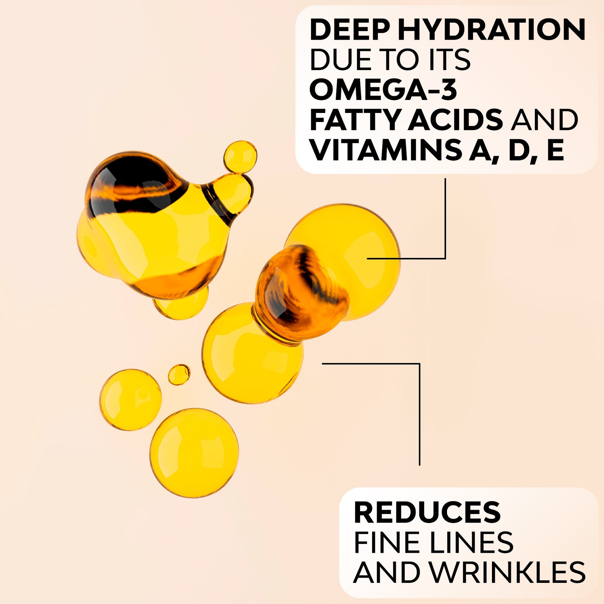 Deep hydration benefits with omega-3, vitamins A, D, and E reduce fine lines and wrinkles in skincare product.