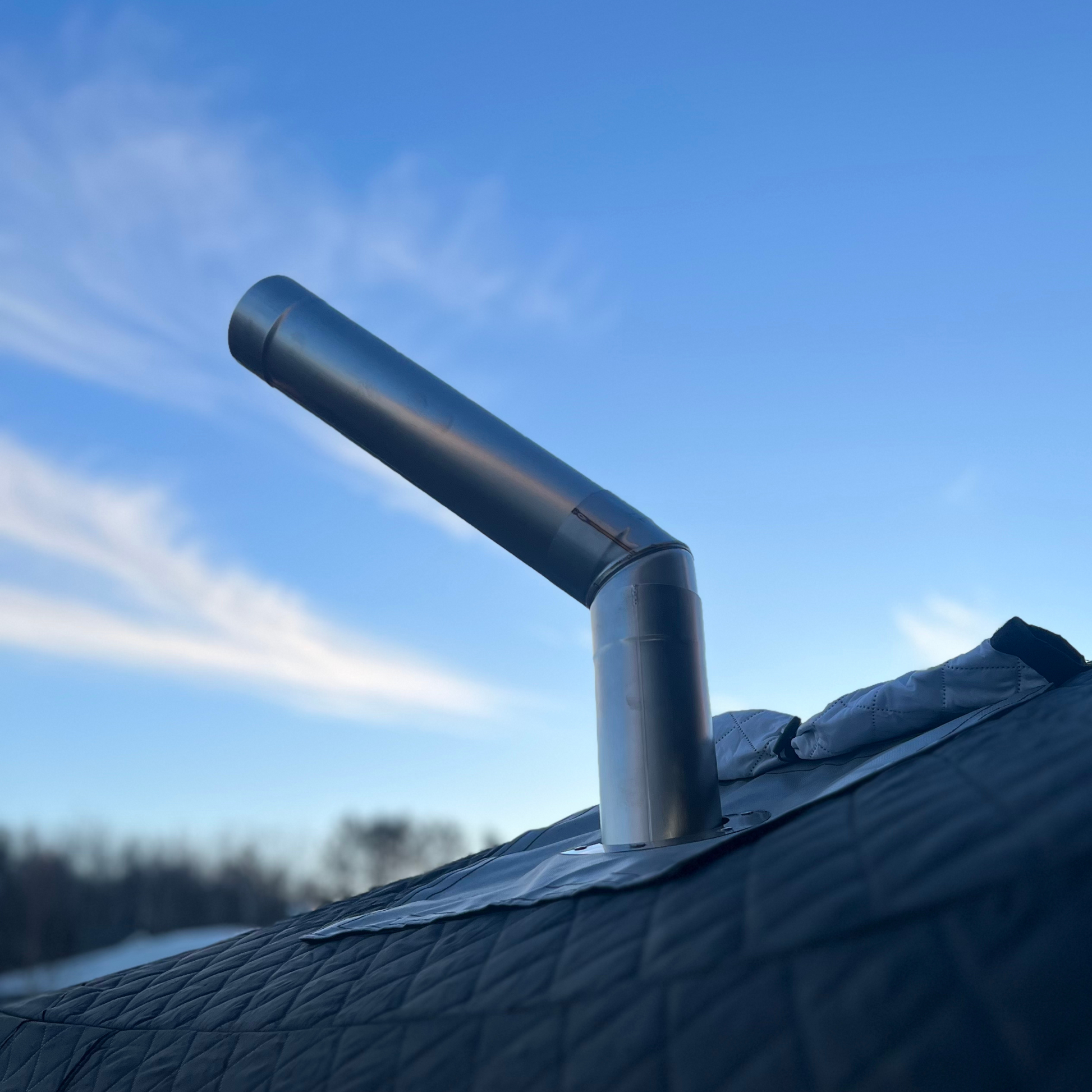Angled Stove Chimney Pipe - 45 Degree Angle - 3.5” on sauna roof under blue sky