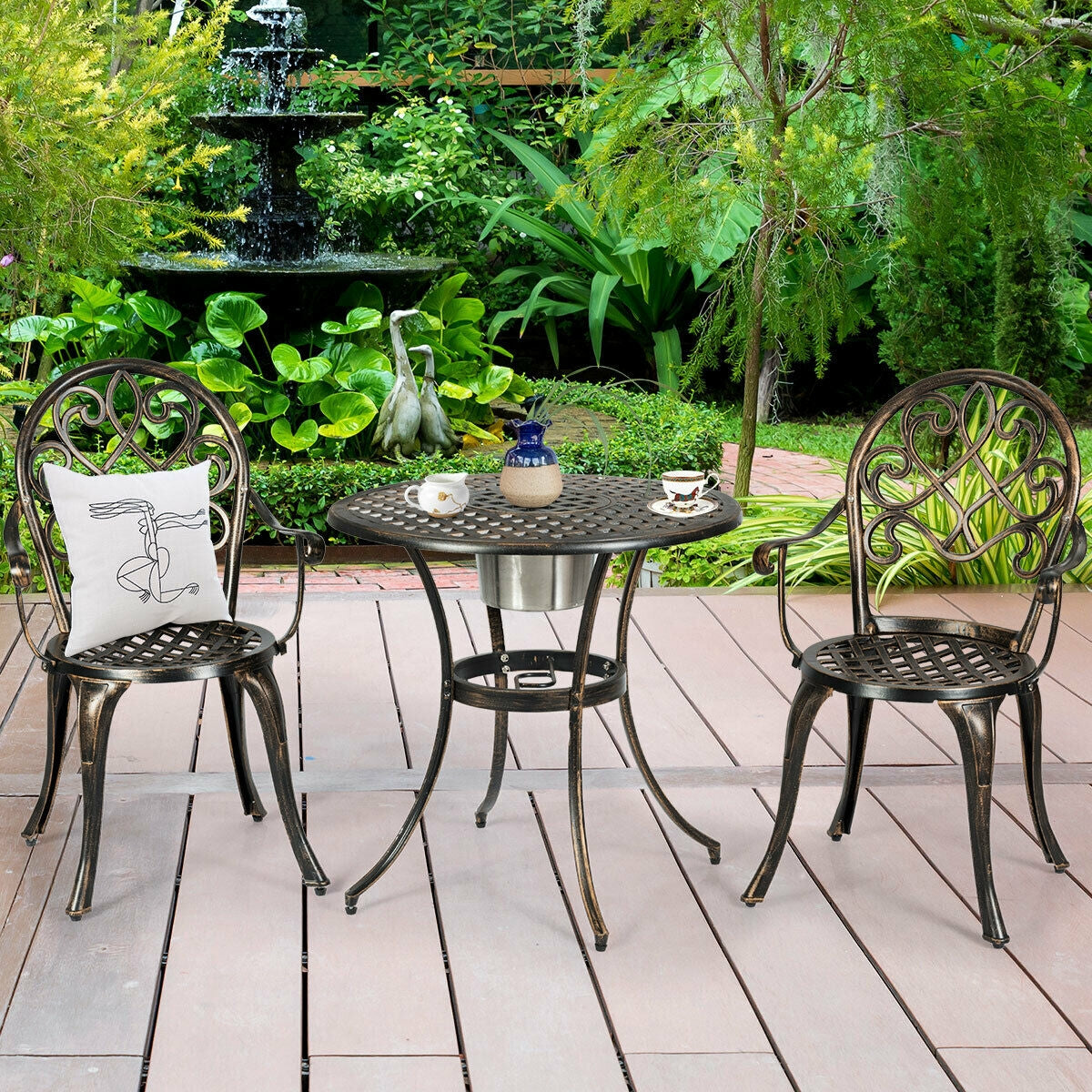 3 Pieces Outdoor Set Patio Bistro with Attached Removable Ice Bucket in garden setting