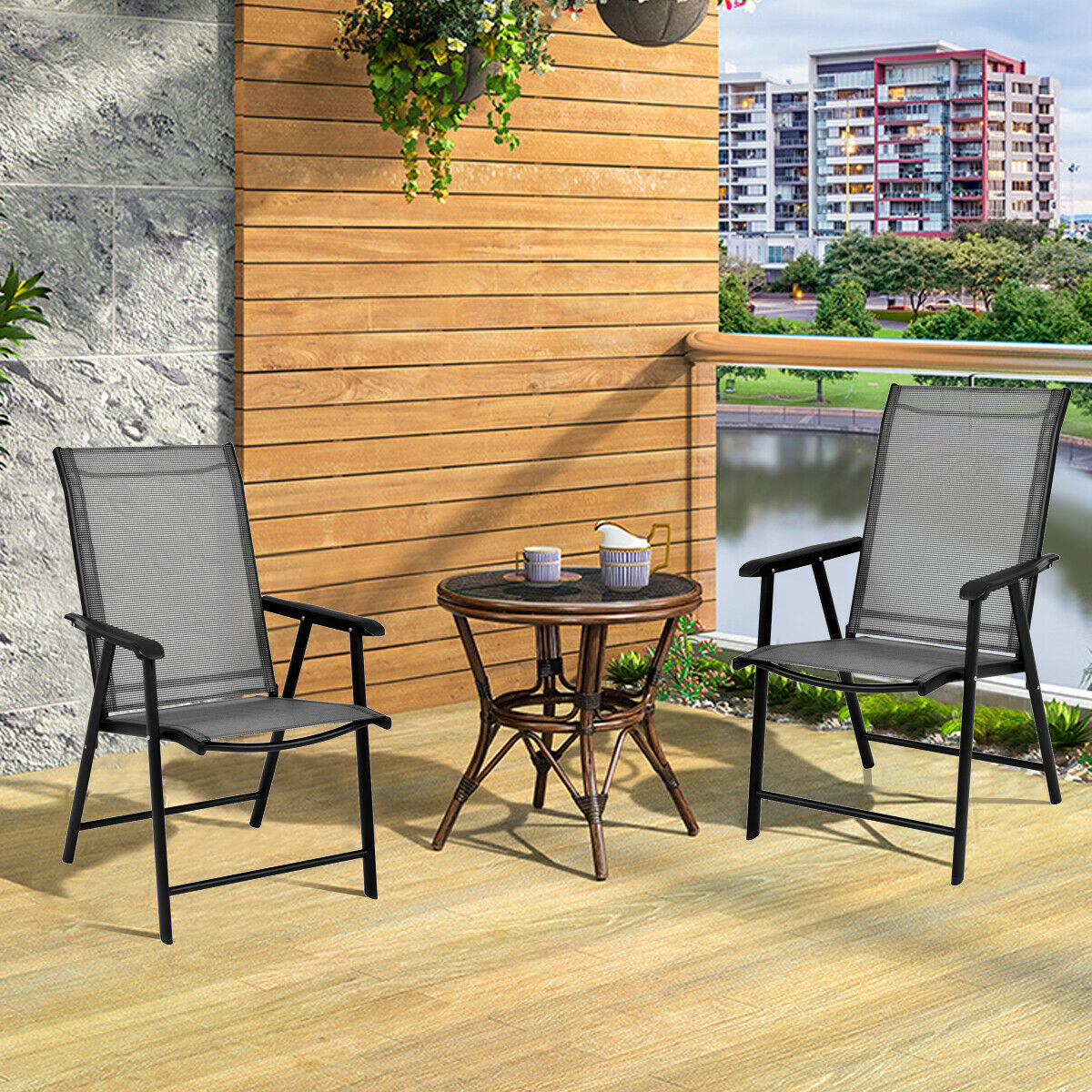 Set of 2 Outdoor Patio Folding Chairs-Gray with sturdy steel frame and ergonomic armrests, perfect for indoor and outdoor use.