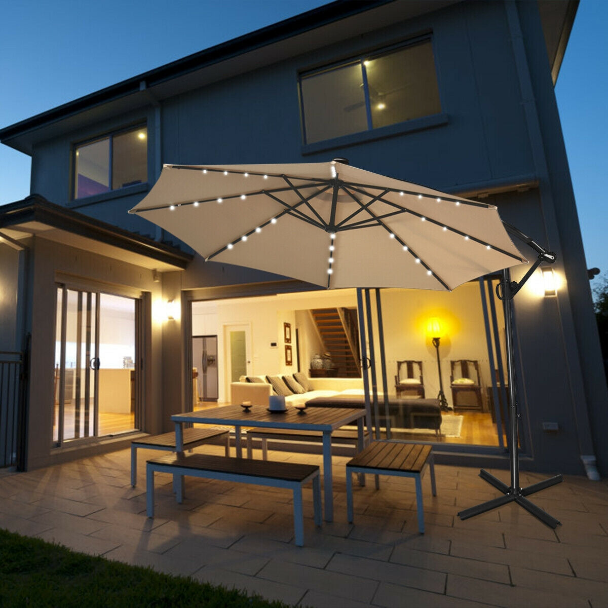 10 ft 360° Rotation Solar Powered LED Patio Offset Umbrella without Weight Base-Beige with LED lights illuminated at night