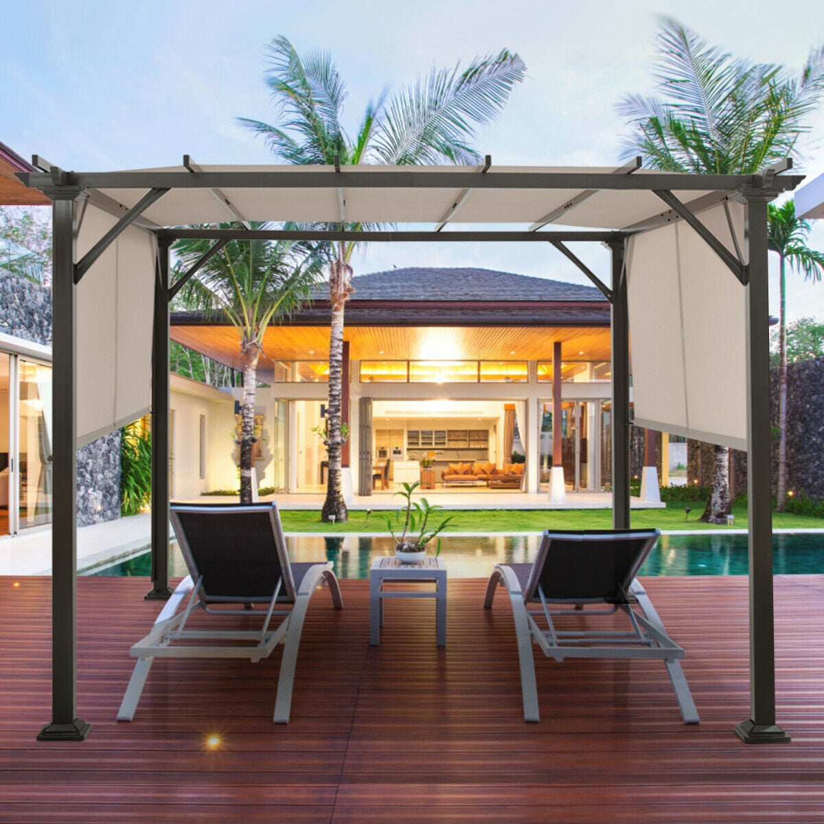 10 x 10 Feet Metal Frame Patio Furniture Shelter-Beige over lounge chairs by a poolside, showcasing its stylish and durable design.