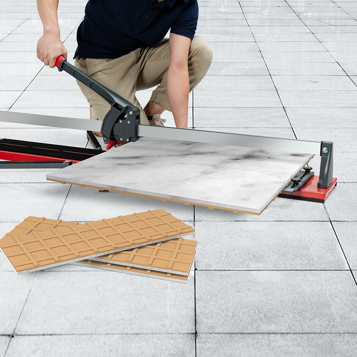 Using 48 Inch Manual Tile Cutter Porcelain Cutter Machine for precise tile cutting with ergonomic handle and tungsten carbide blade.
