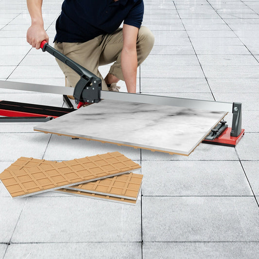 Using 48 Inch Manual Tile Cutter Porcelain Cutter Machine for precise tile cutting with ergonomic handle and tungsten carbide blade.