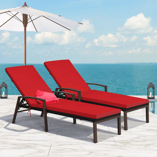 2 Pieces Patio Rattan Adjustable Back Lounge Chair with Armrest and Removable Cushions-Red by the poolside