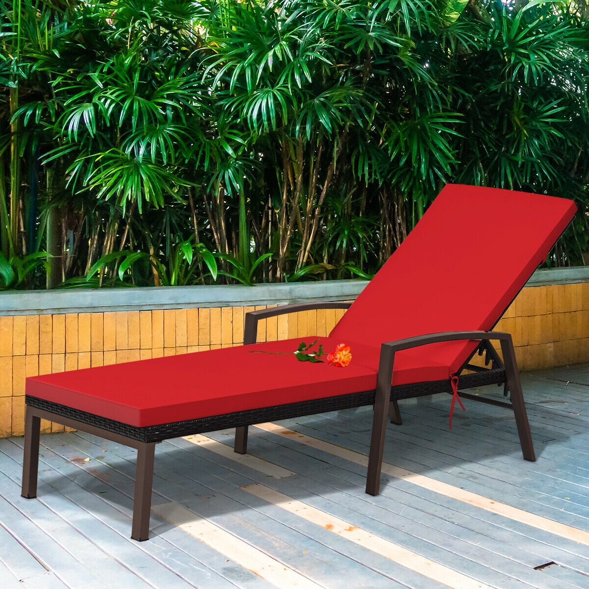 Patio Rattan Lounge Chaise Recliner with Back Adjustable Cushioned-Red, steel frame, outdoor use, 5 positions, red cushion