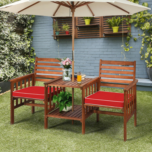 3 pcs Outdoor Patio Table Chairs Set Acacia Wood Loveseat-Red with red cushions and coffee table in a garden setting.