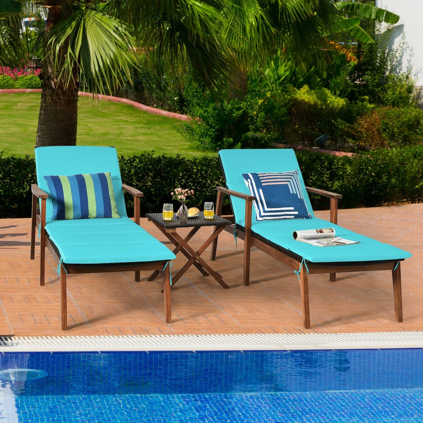 3 Pieces Portable Patio Cushioned Rattan Lounge Chair Set with Folding Table-Turquoise by the pool