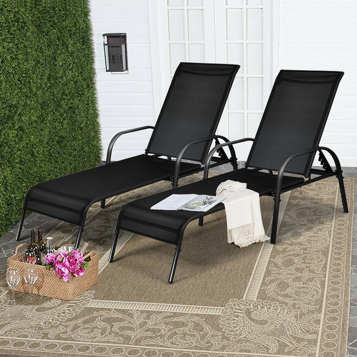 2 Pcs Outdoor Patio Lounge Chair Chaise Fabric with Adjustable Reclining Armrest on patio with rug and flowers