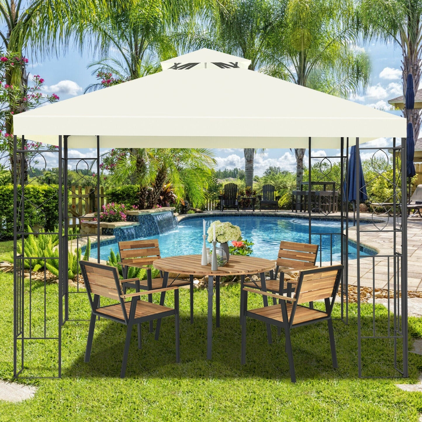 2 Tiers 10 x 10 Feet Patio Gazebo Canopy Tent beside a pool with table and chairs