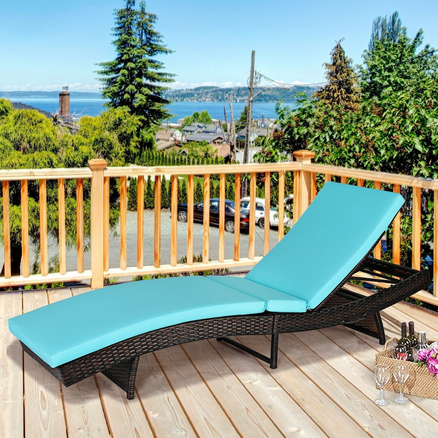 Patio Folding Adjustable Rattan Chaise Lounge Chair with Cushion-Turquoise on sunny deck