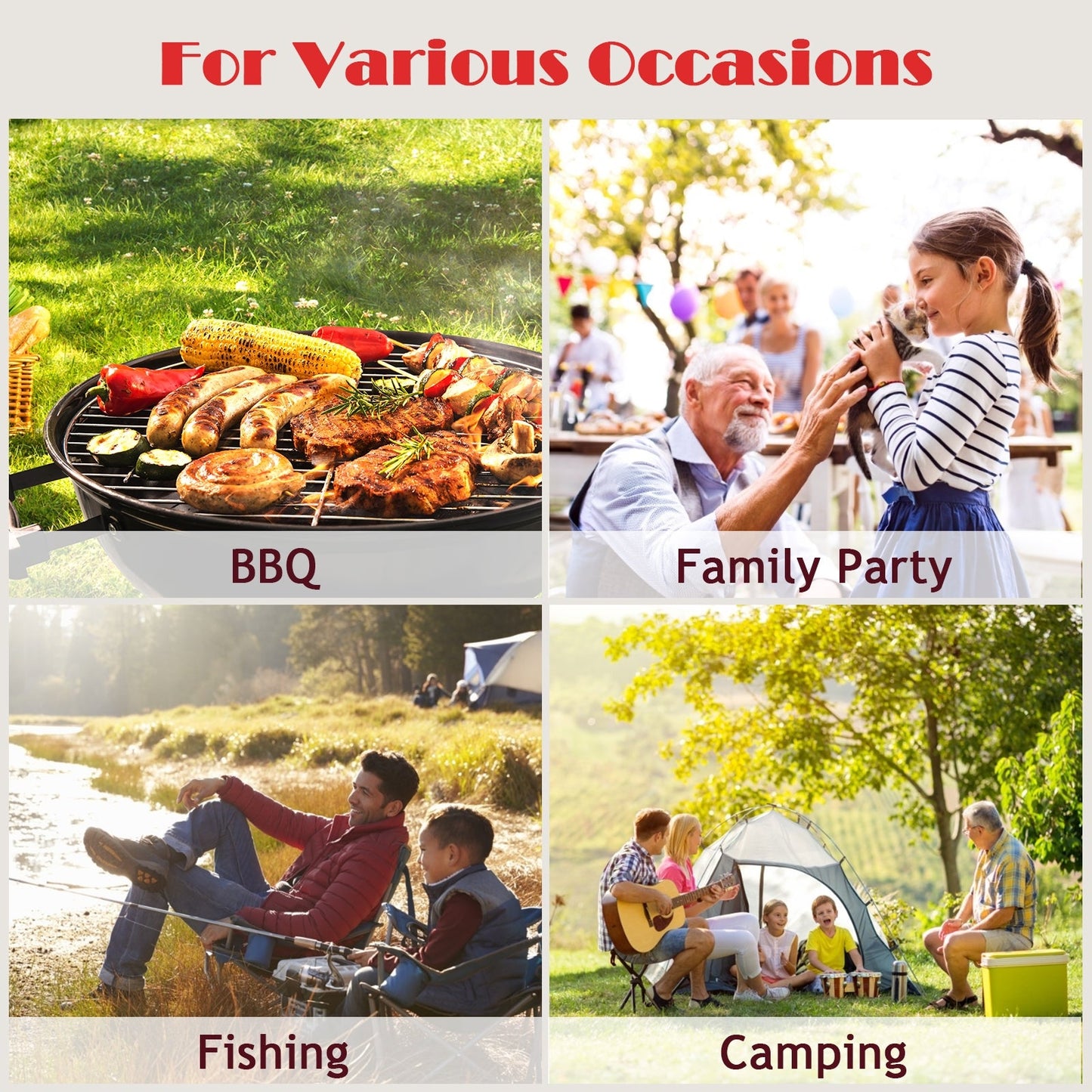 Collage of activities including BBQ, family party, fishing, and camping showcasing versatility for various outdoor occasions.