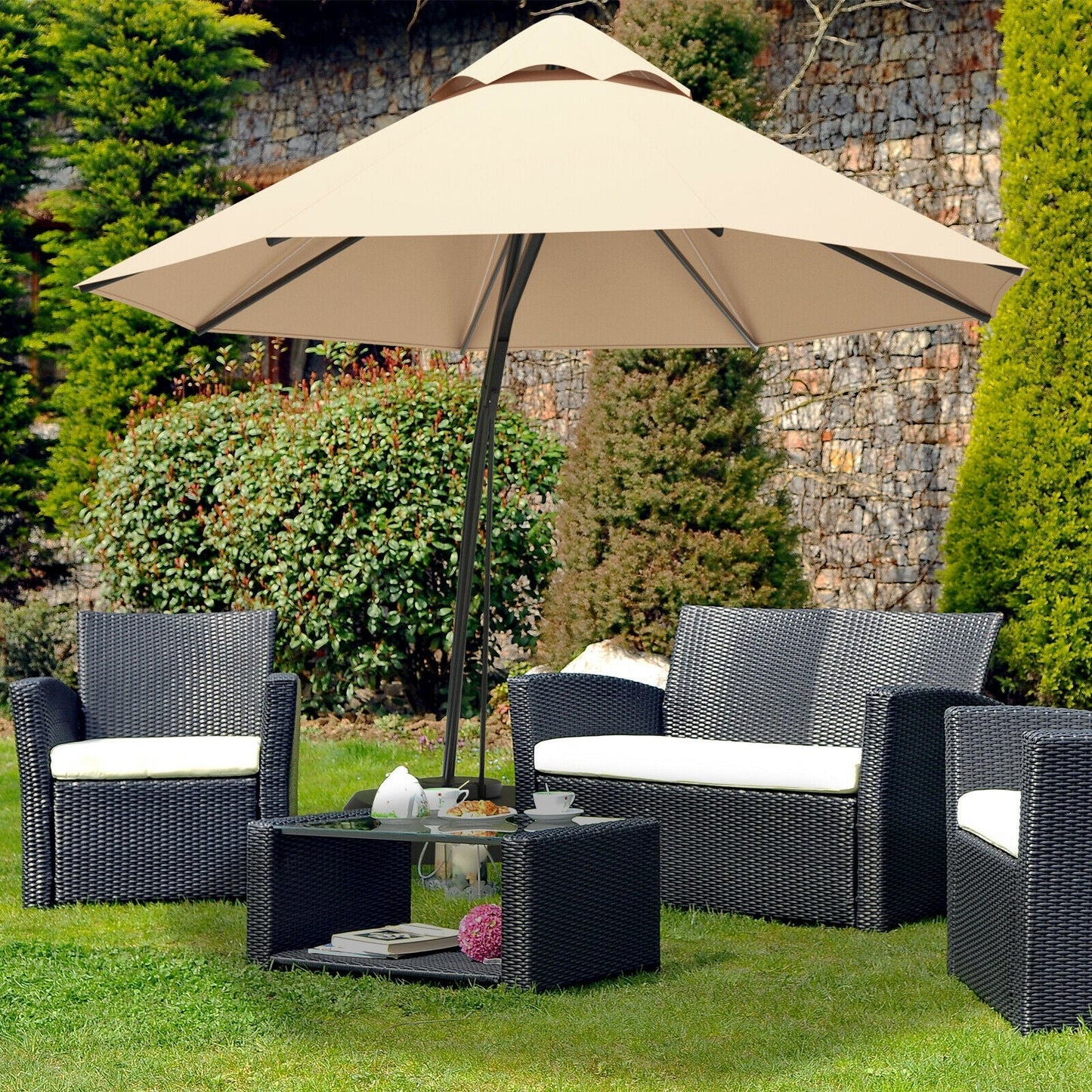 11 Feet Outdoor Cantilever Hanging Umbrella with Base and Wheels-Beige providing shade in a garden setting with outdoor furniture.