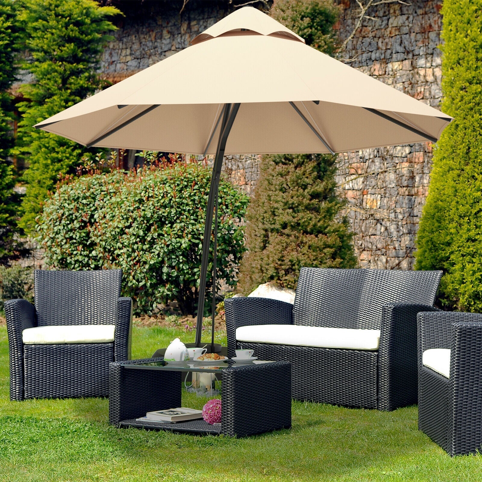 11 Feet Outdoor Cantilever Hanging Umbrella with Base and Wheels-Beige providing shade in a garden setting with outdoor furniture.