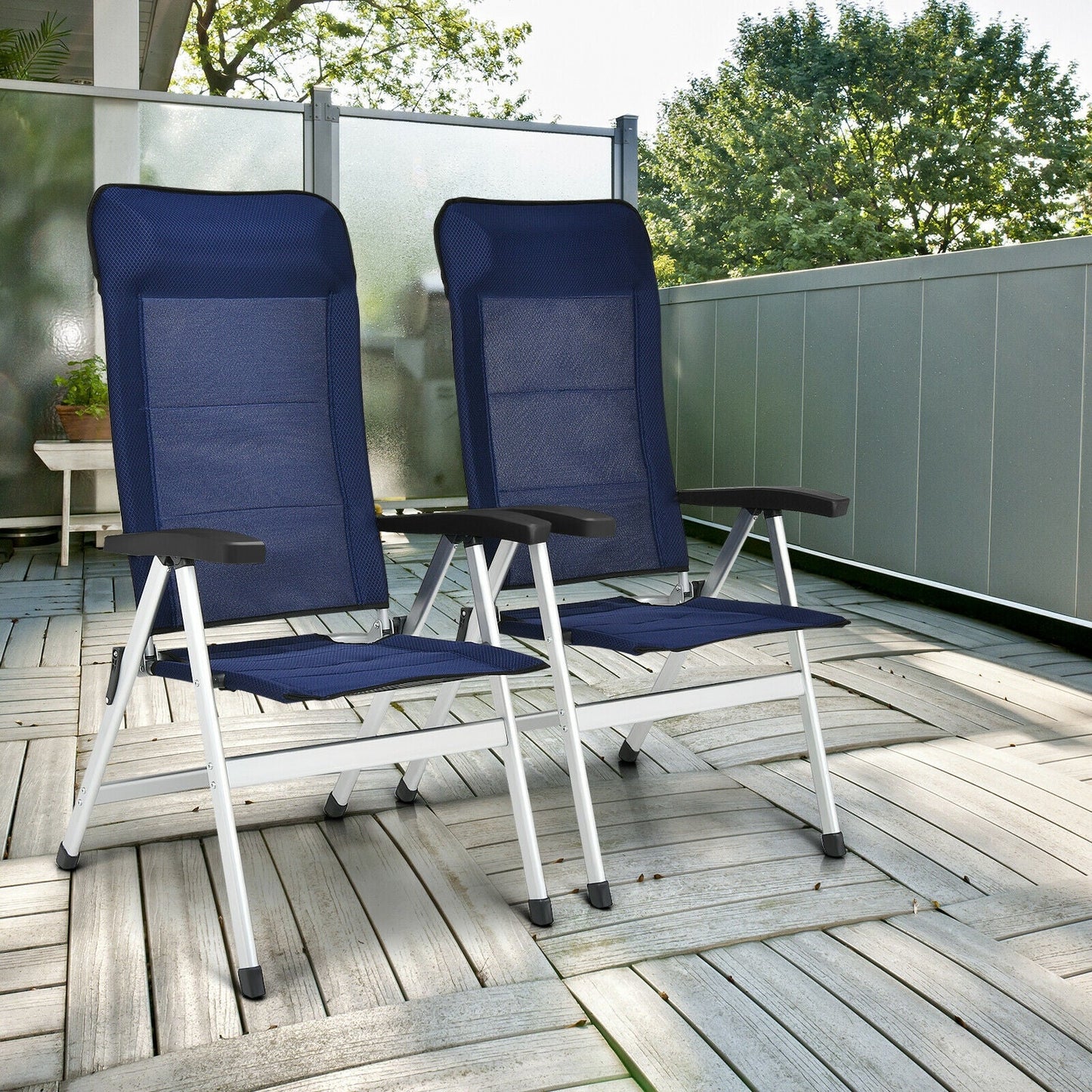2Pcs Patio Dining Chair with Adjust Portable Headrest-Blue on a wooden deck, showcasing adjustable backrest and aluminum frame.