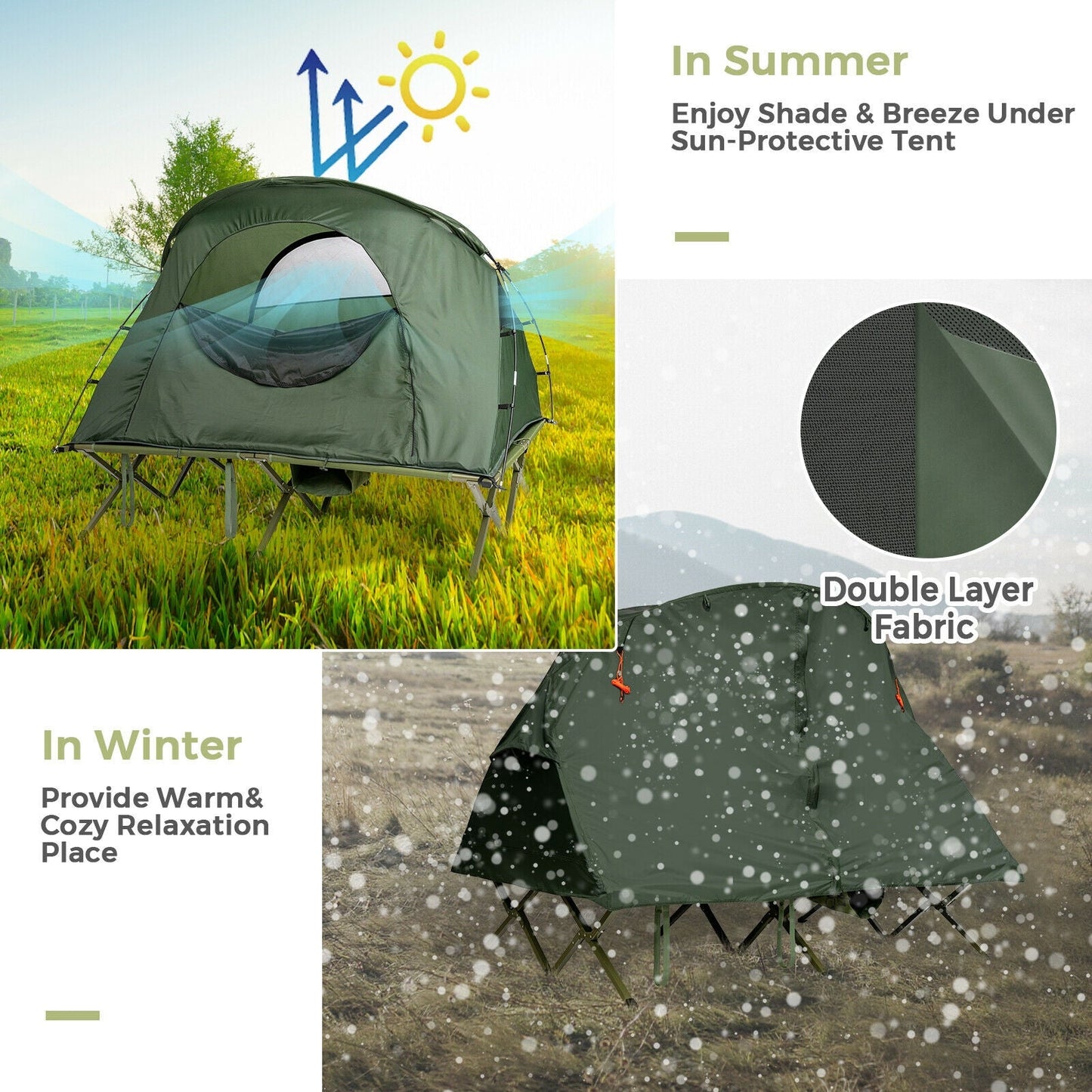 2-Person Outdoor Camping Tent with External Cover-Green features a double-layer design for all-weather comfort and protection.