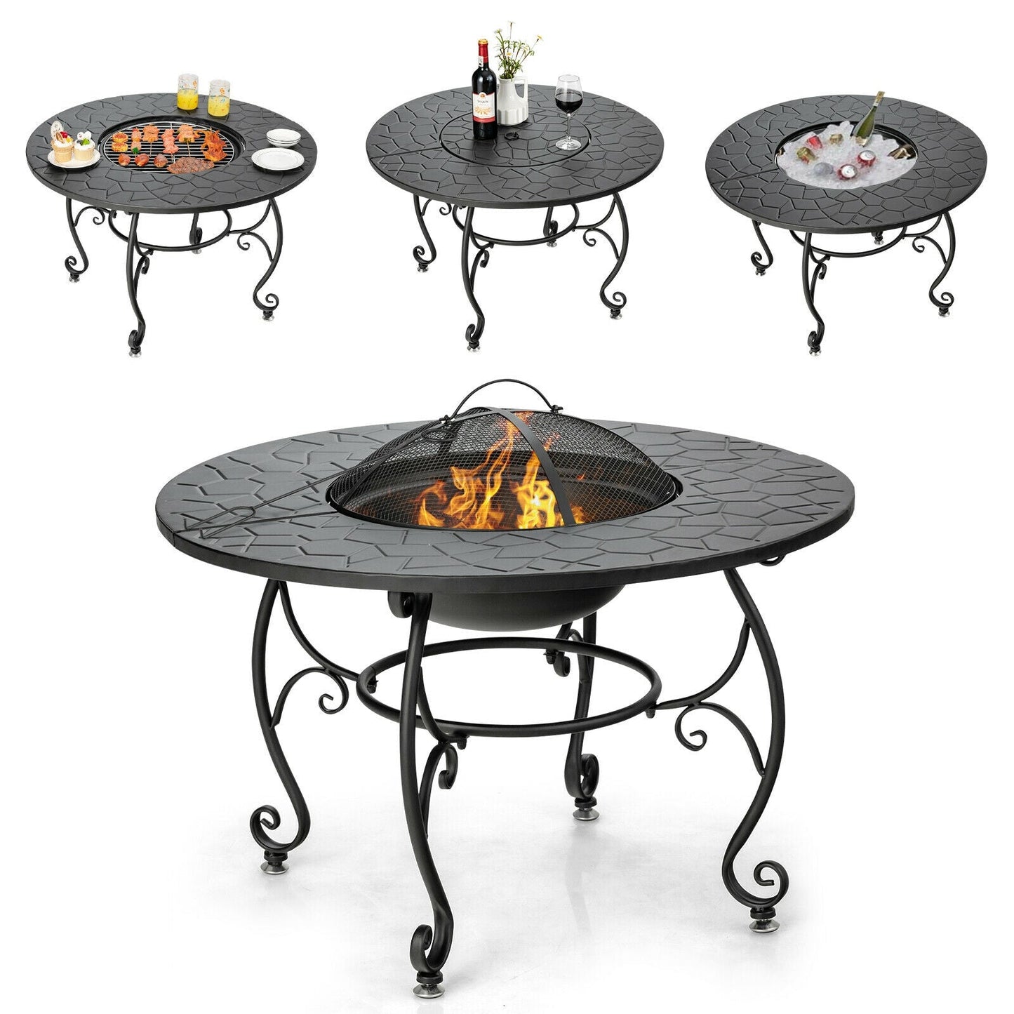 35.5 Feet Patio Fire Pit Dining Table With Cooking BBQ Grate showcasing dining and fire pit modes.