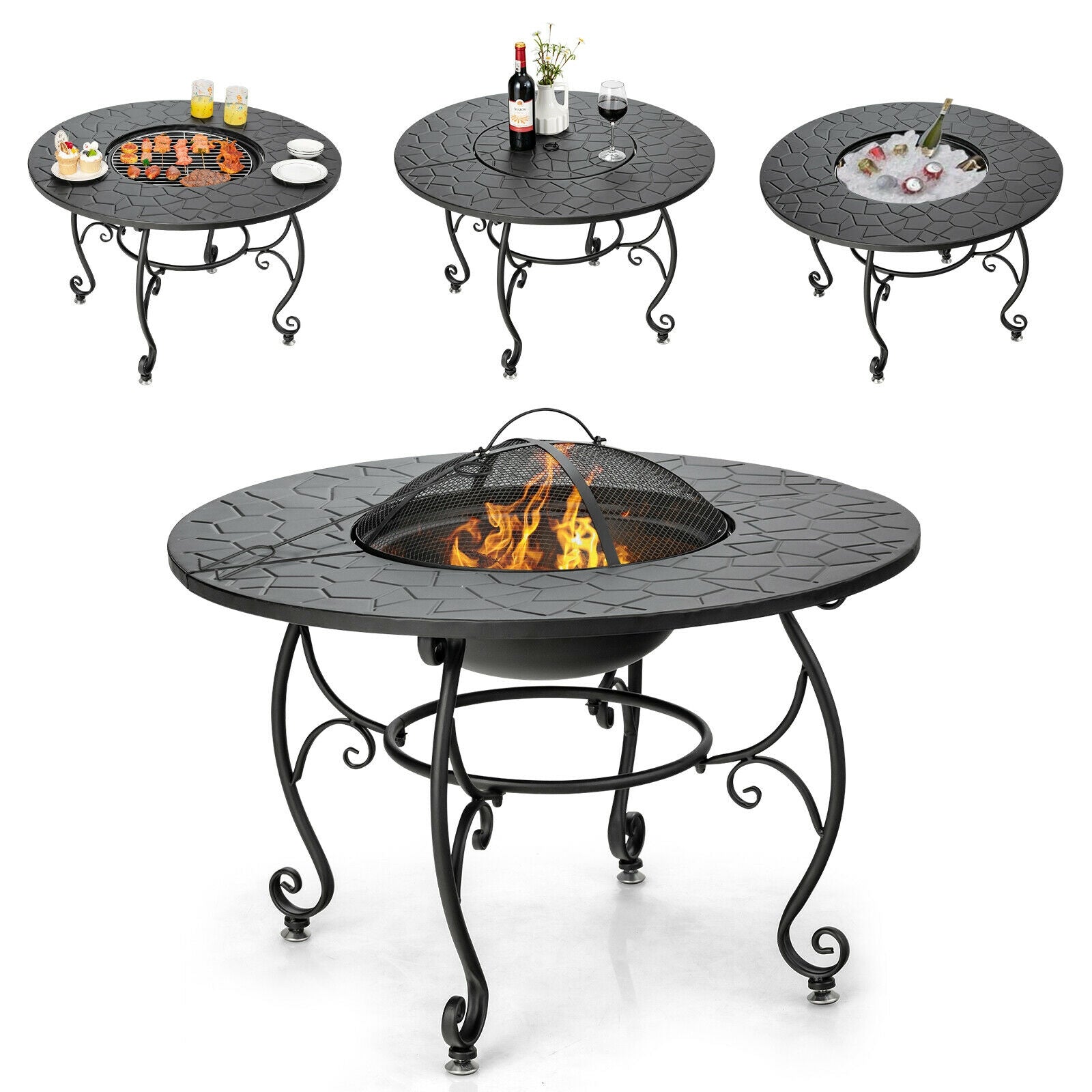 35.5 Feet Patio Fire Pit Dining Table With Cooking BBQ Grate showcasing dining and fire pit modes.