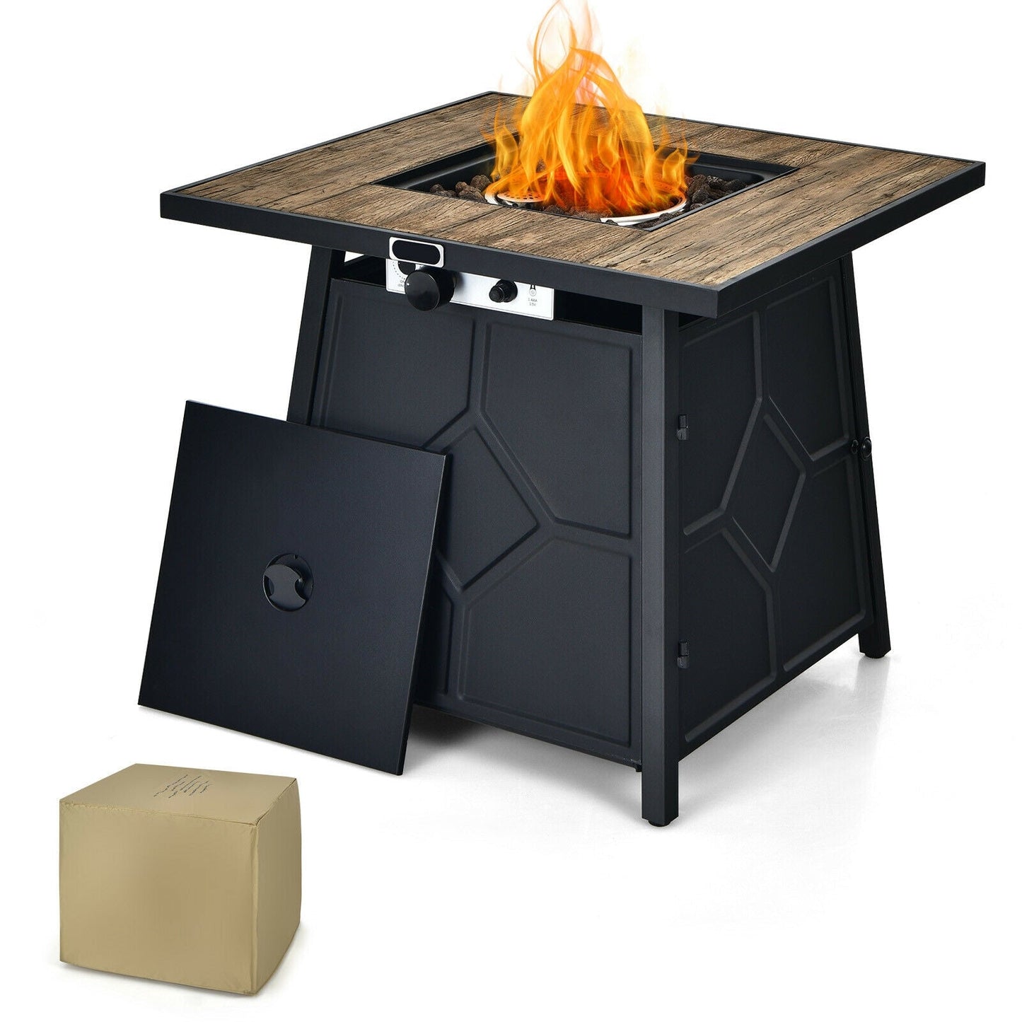 40 000 BTU 28 Inches Propane Gas Fire Pit Table With Cover featuring a sleek design and adjustable flames, perfect for outdoor gatherings.
