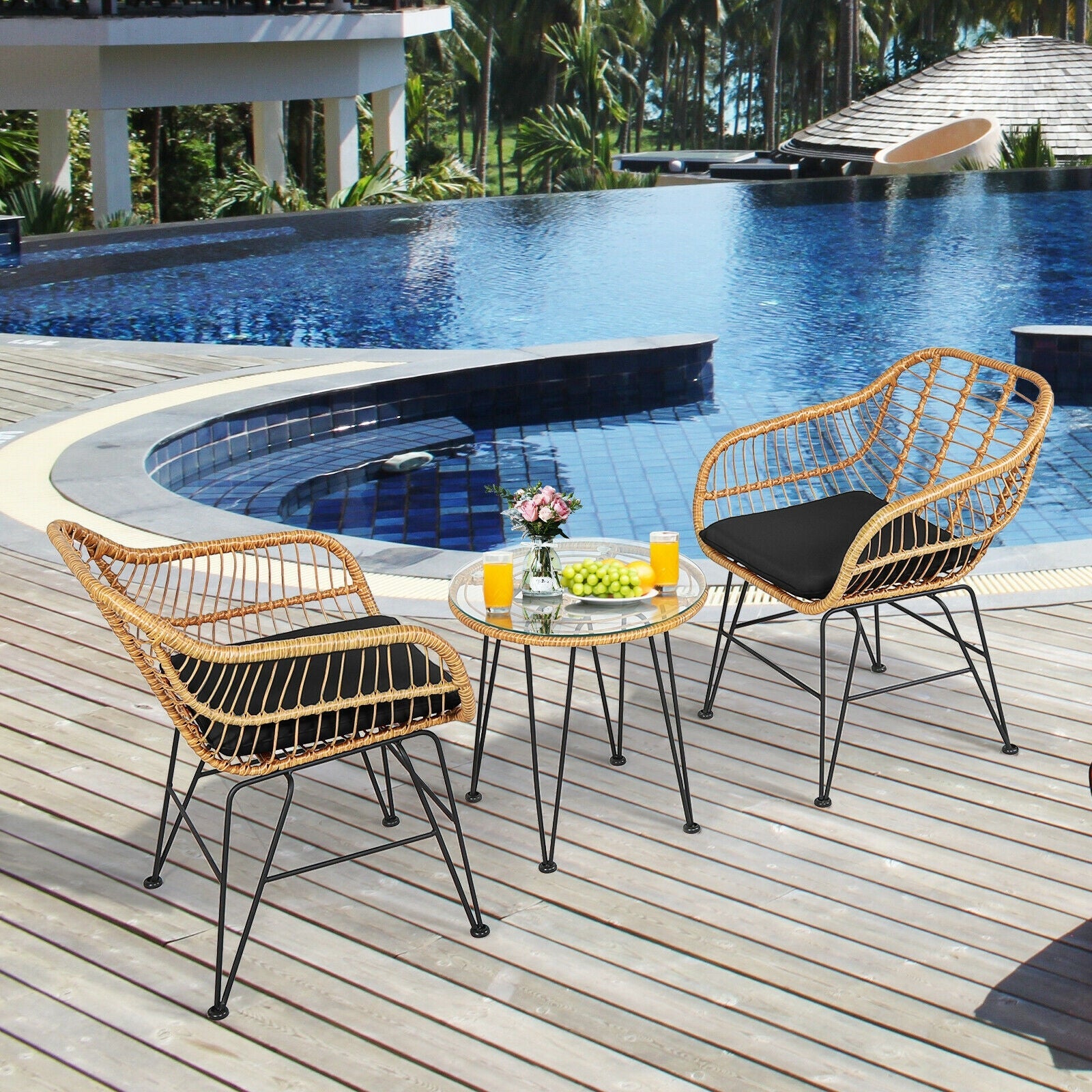 Outdoor 3 Pieces Rattan Furniture Set with Cushioned Chair Table-Black by the pool