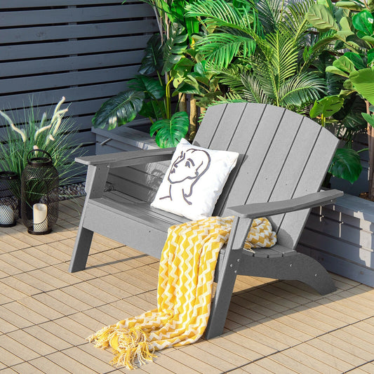 Gray HDPE Patio Adirondack Chair for Porch Garden Backyard with pillow and yellow blanket
