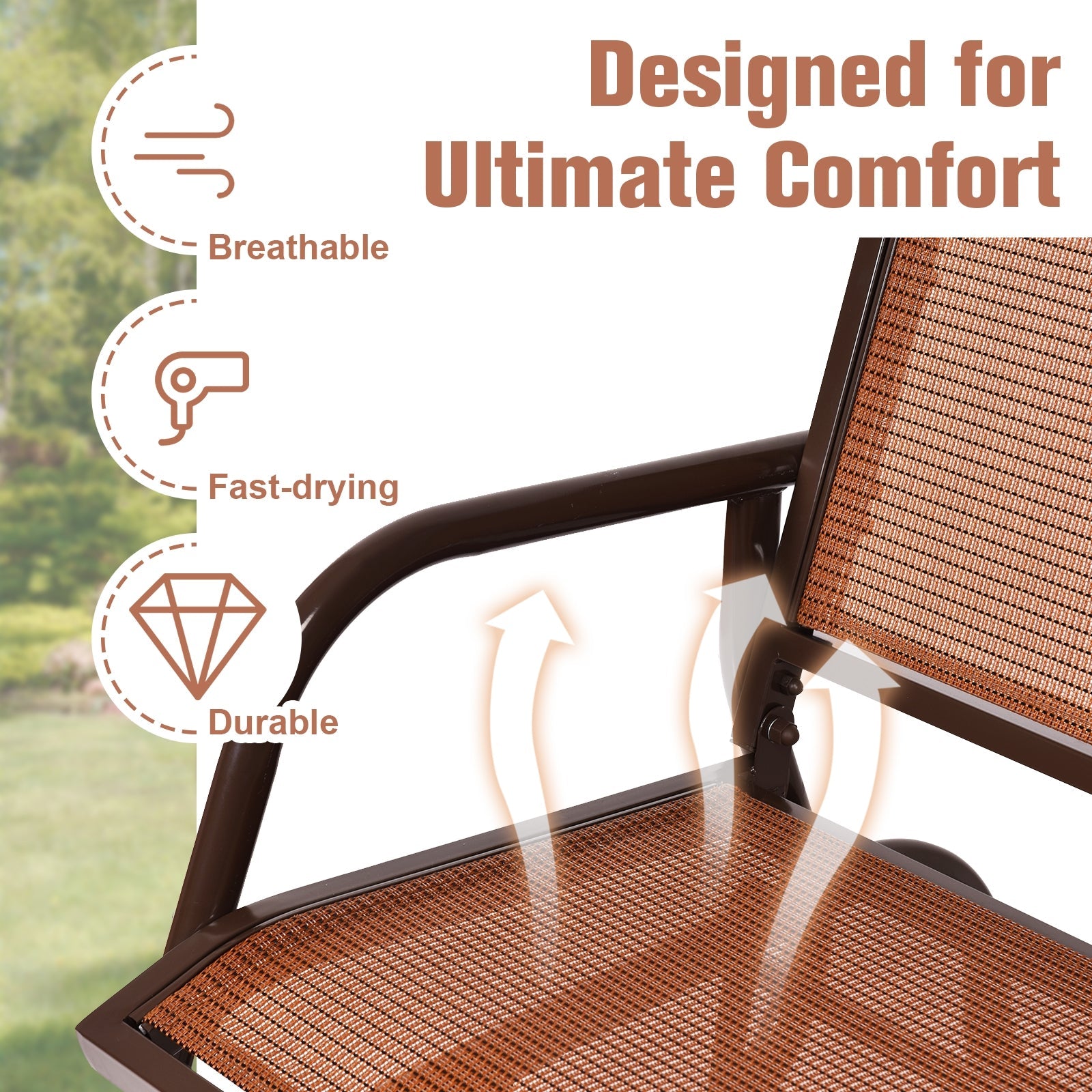 Close-up of Swing Glider Chair 48 Inch Loveseat Rocker Lounge Backyard-Brown showing breathable, fast-drying, and durable features.