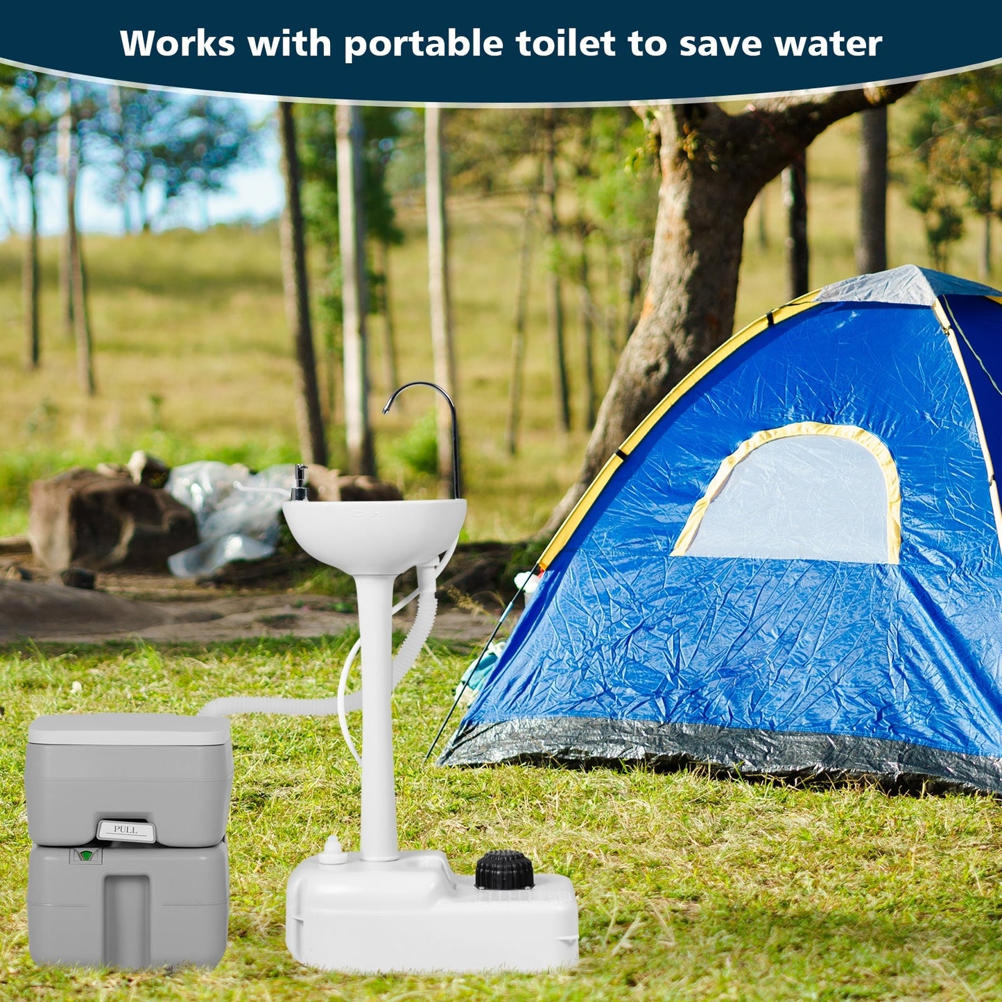 Camping Hand Wash Station Basin Stand with 4.5 Gallon Tank next to blue tent in outdoor camping setting, showcasing hands-free operation.