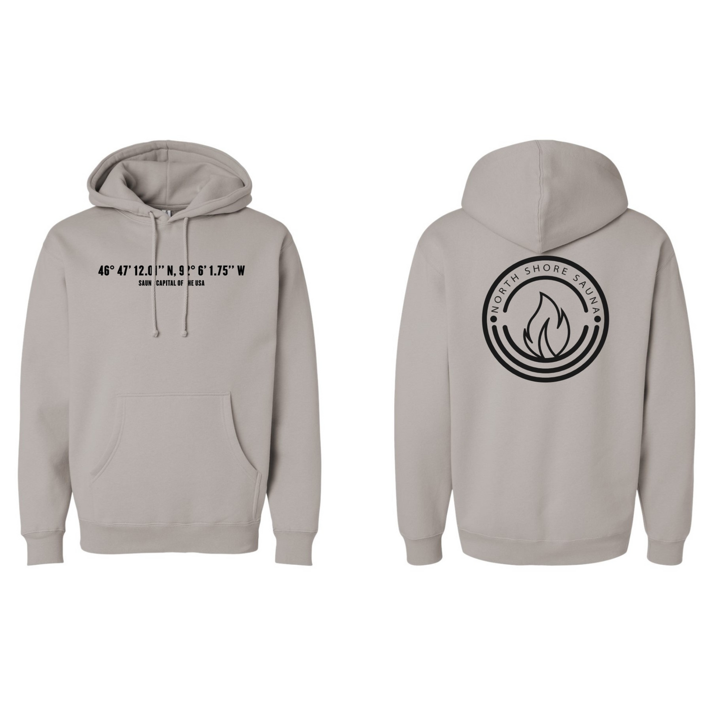 Front and back view of Cement Sauna Capital Hoodie with coordinates design.