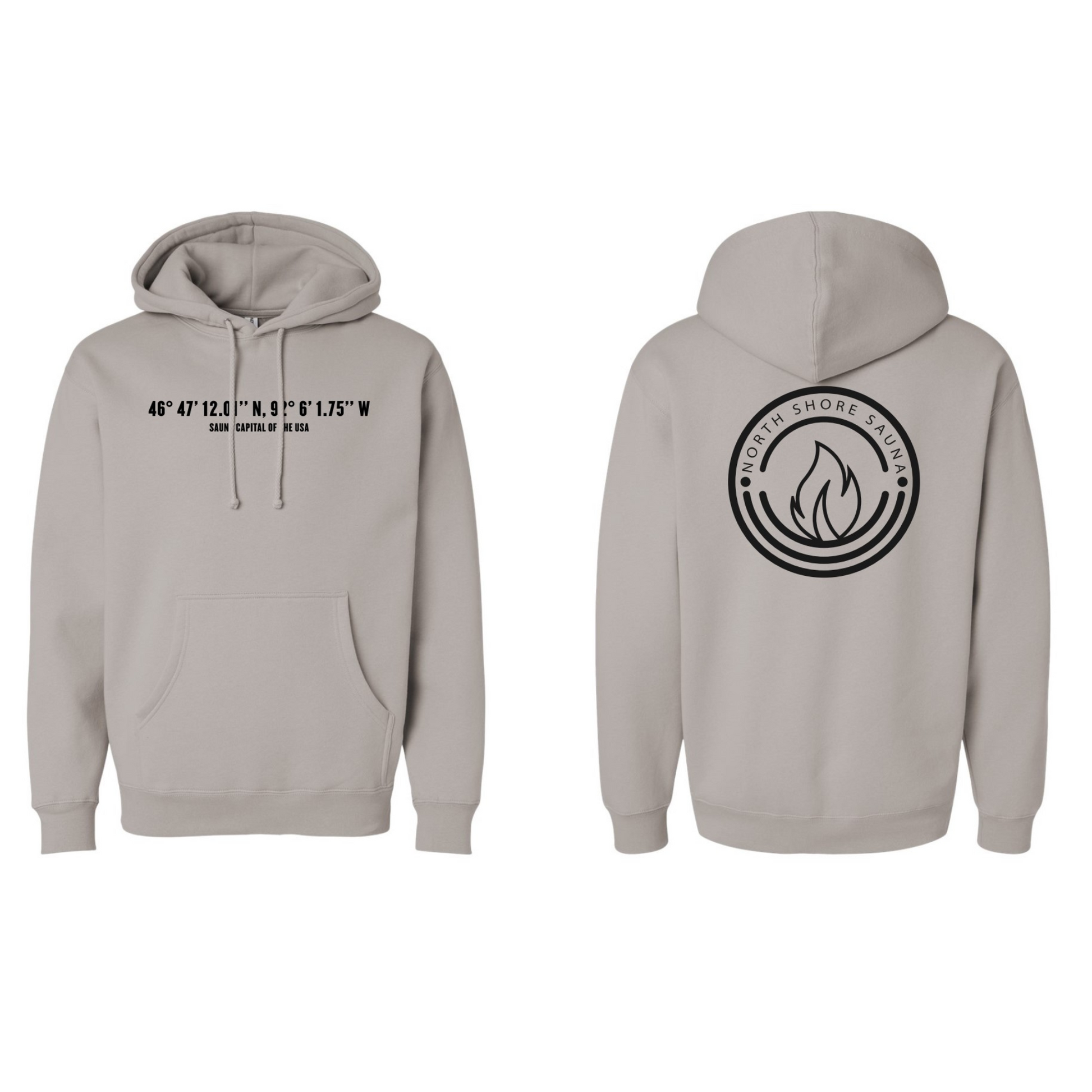Front and back view of Cement Sauna Capital Hoodie with coordinates design.