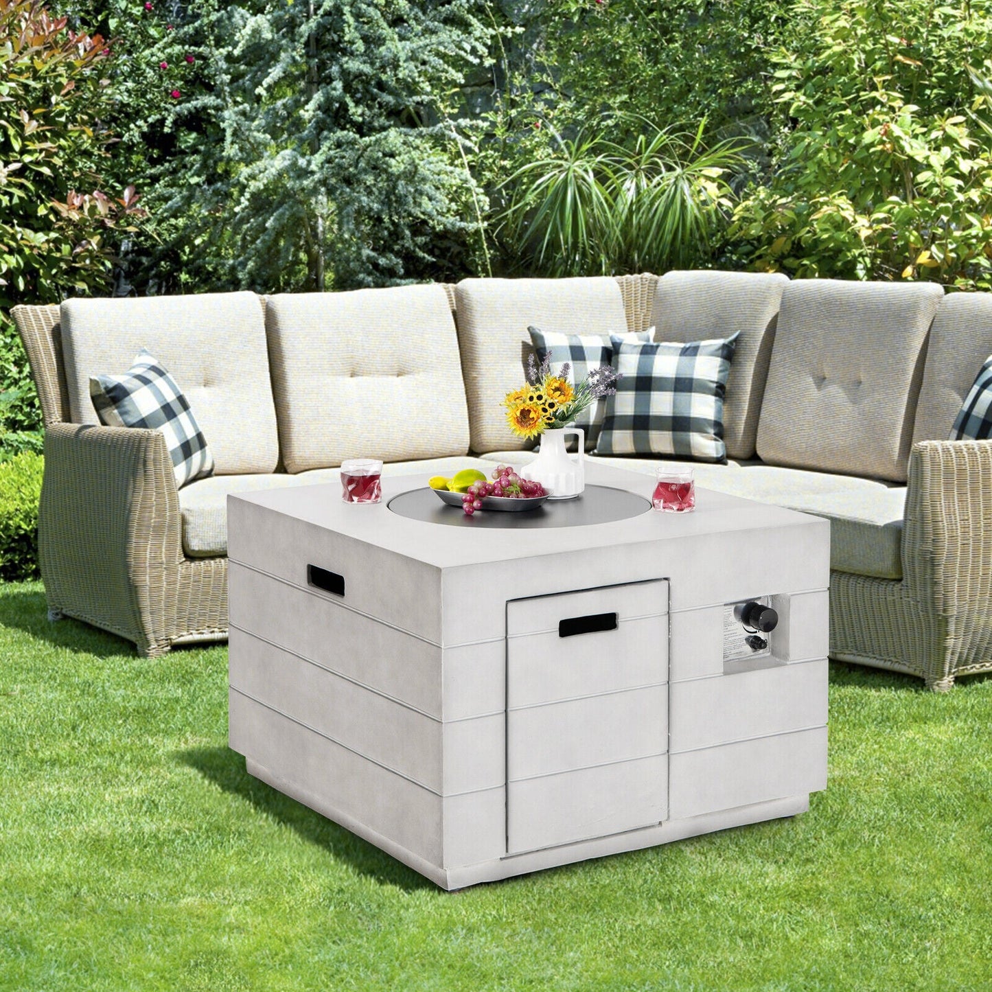 34 Inch Square Concrete Propane Fire Pit Table with Lava Rocks and Cover 50 000 BTU-Gray on patio with sofas
