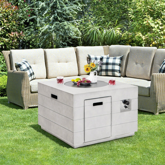34 Inch Square Concrete Propane Fire Pit Table with Lava Rocks and Cover 50 000 BTU-Gray on patio with sofas