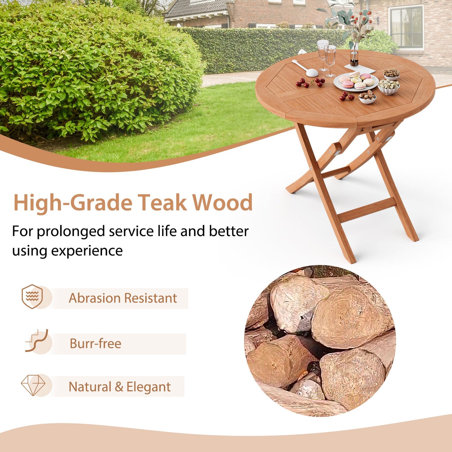 31.5 Inch Folding Patio Indonesia Teak Wood Round Coffee Table displayed outdoors highlighting high-grade teak wood quality.