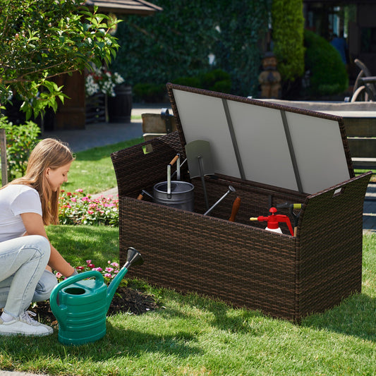 Outdoor Bench with Hand-woven PE Rattan Wicker and Side Handles-Gray used for garden storage with open lid
