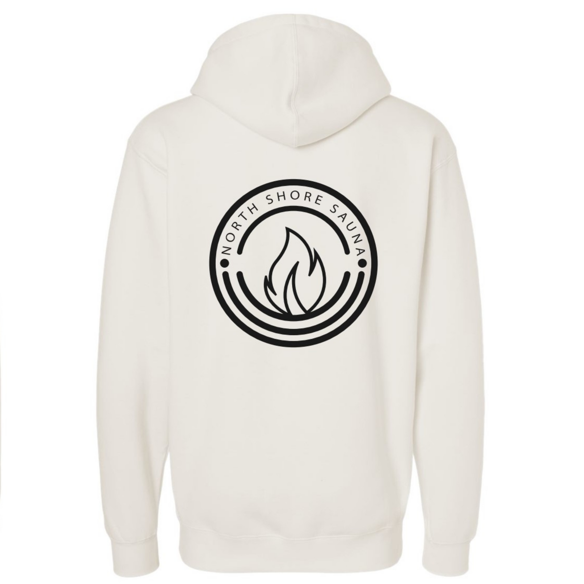 Back view of Bone Sauna Capital Hoodie with North Shore Sauna logo, offering comfort and temperature regulation for relaxation.