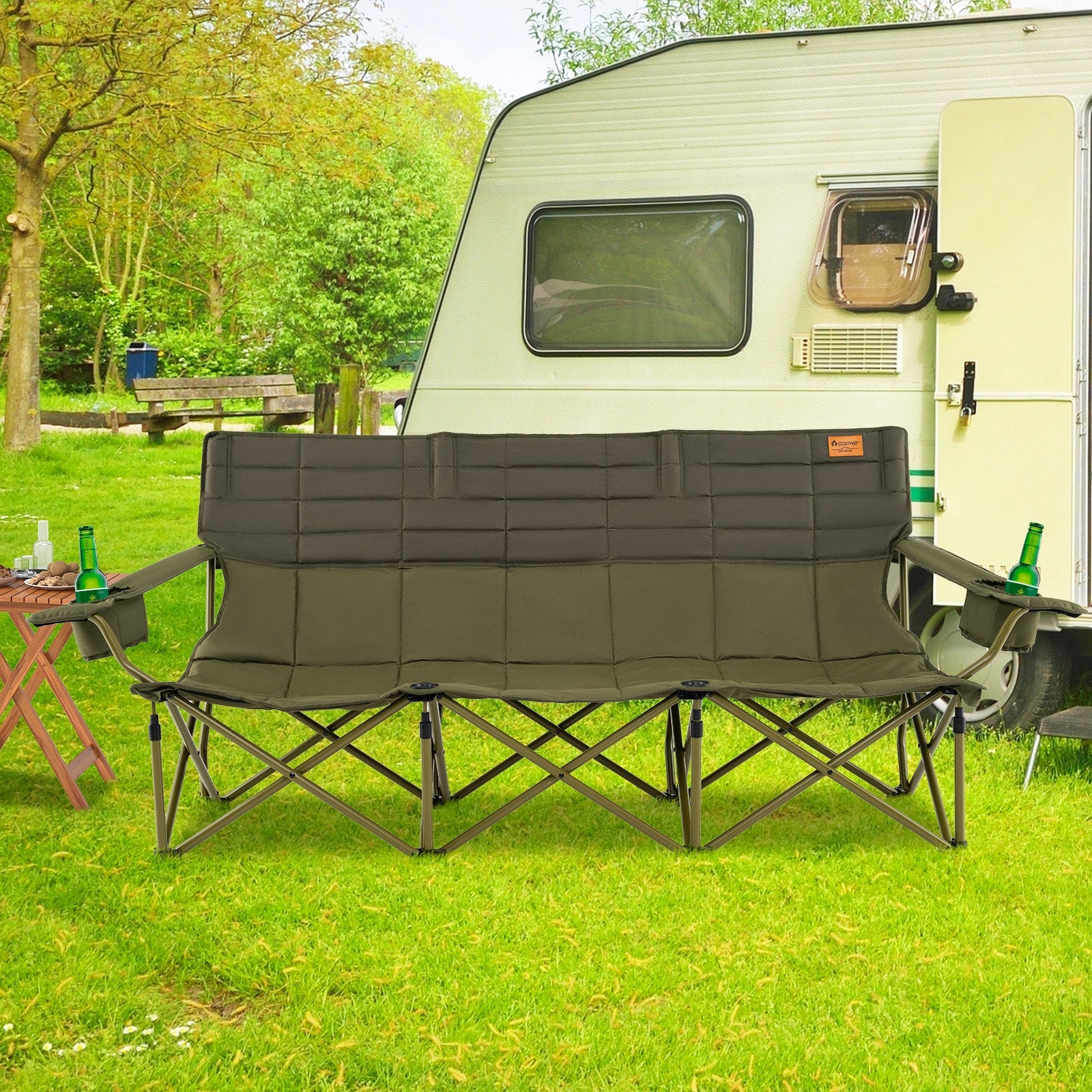 3 Person Folding Camping Chair with 2 Cup Holders Cotton Padding & Storage Bag-Green in front of camper