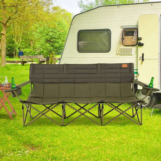 3 Person Folding Camping Chair with 2 Cup Holders Cotton Padding & Storage Bag-Green in front of camper